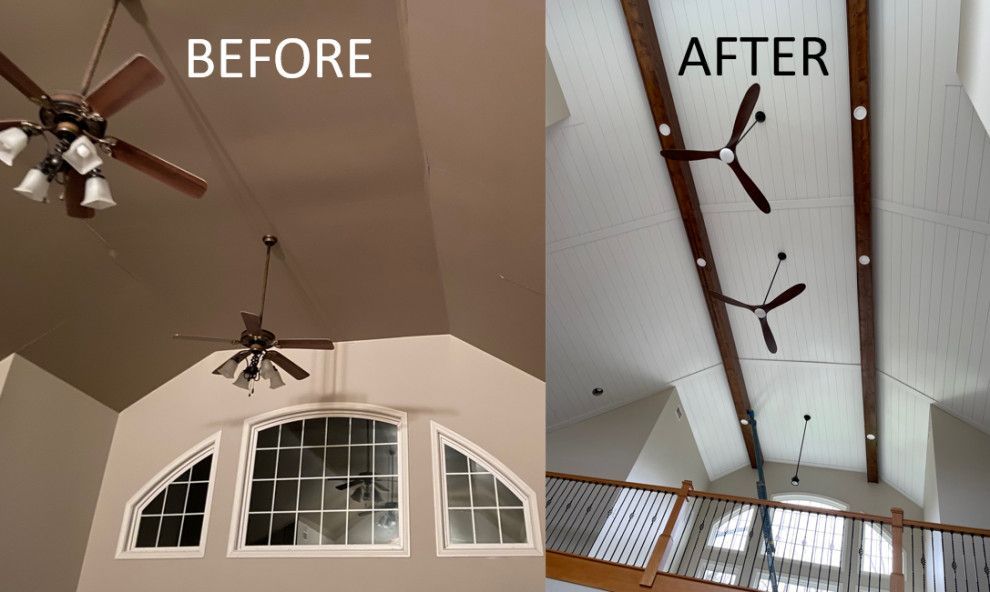 A before and after picture of a ceiling fan