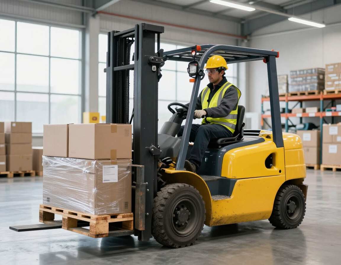 Una carretilla elevadora amarilla mueve un palé de cajas en un almacén.