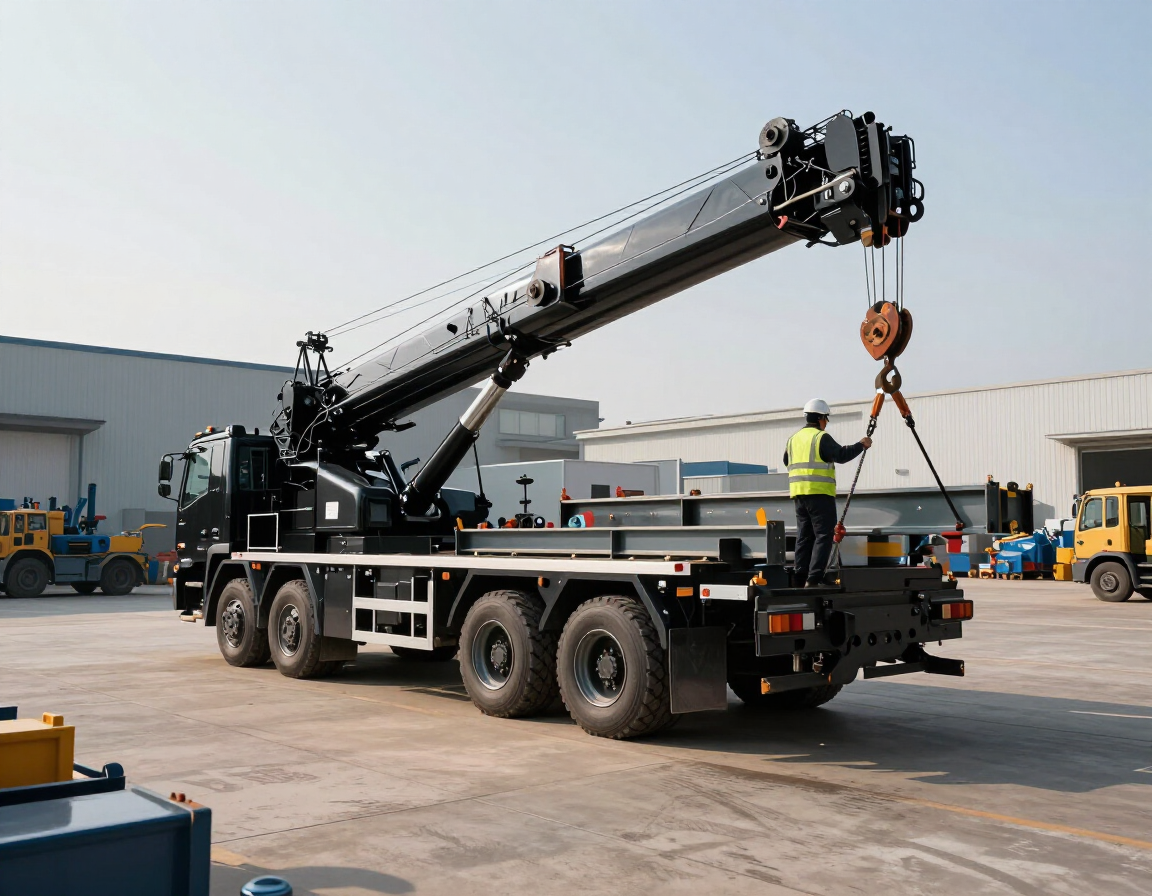 Una grúa montada sobre un camión levanta un gancho en un patio industrial, con un trabajador guiándola cerca.