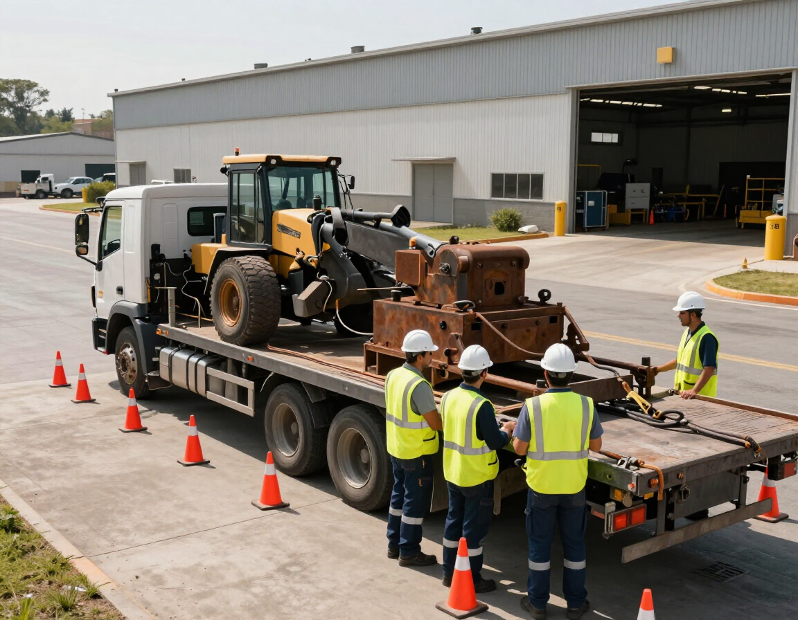 Trabajadores con chalecos de seguridad inspeccionan maquinaria pesada en un remolque de plataforma fuera de un almacén.