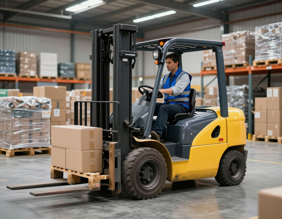 Una carretilla elevadora amarilla mueve cajas apiladas en un pasillo de un almacén, conducida por un trabajador.