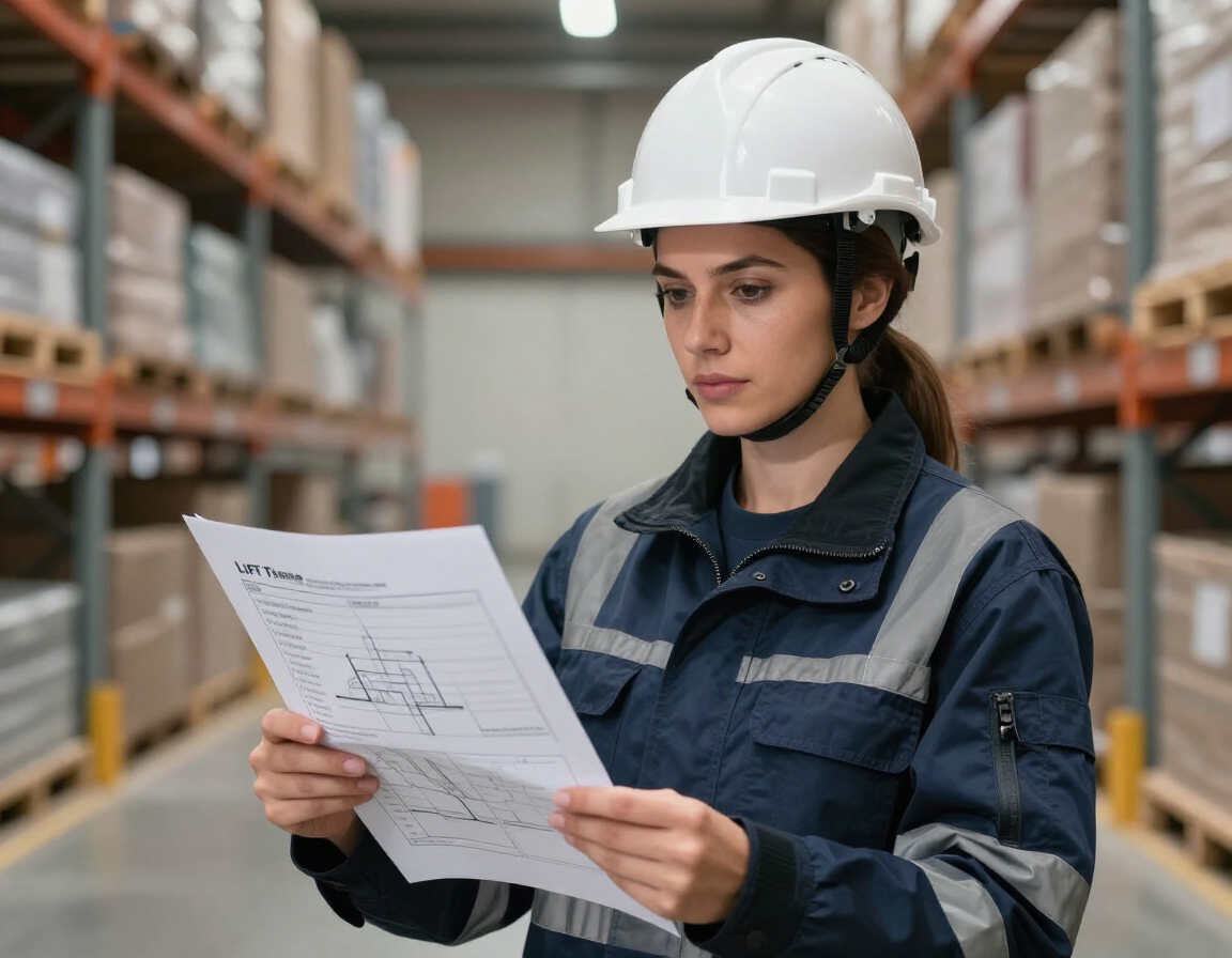 Un operario de almacén con casco blanco revisa la documentación entre los estantes de una tienda.