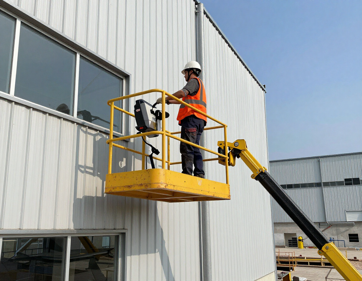 Trabajadores en una plataforma elevadora amarilla reparan la pared exterior de un edificio blanco.