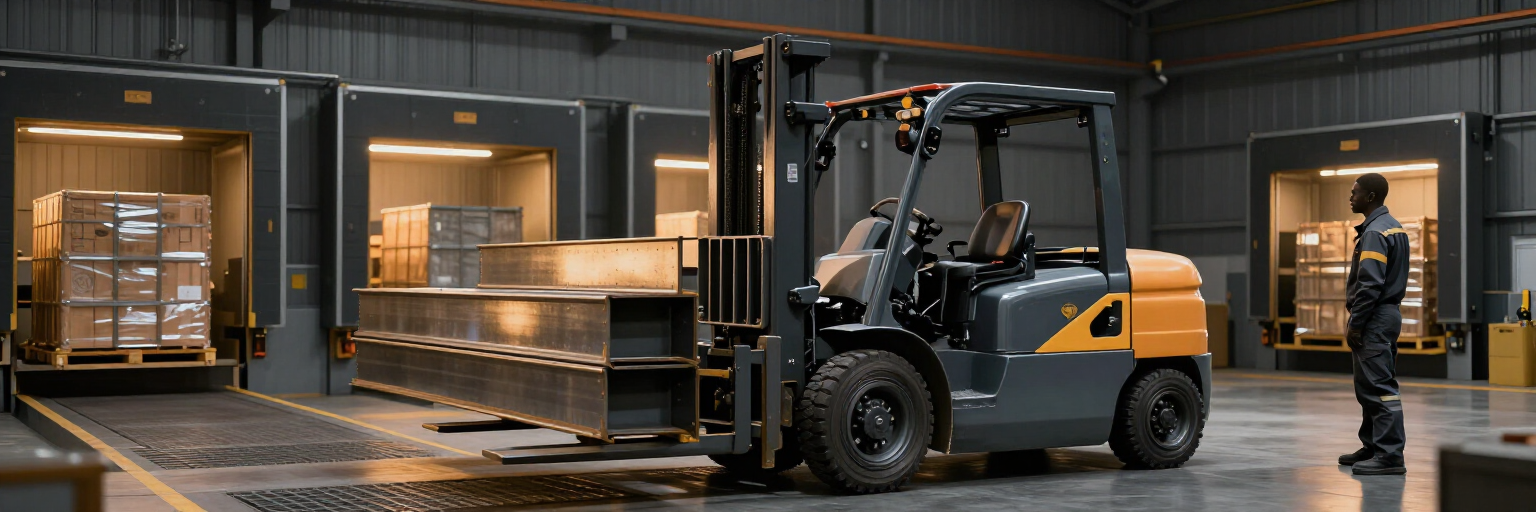 Una carretilla elevadora carga cajas en un almacén moderno, con un trabajador de pie cerca bajo una iluminación cálida.