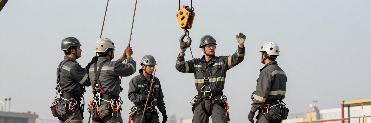 Cinco trabajadores con equipo de seguridad celebran bajo un polipasto suspendido en una obra de construcción.