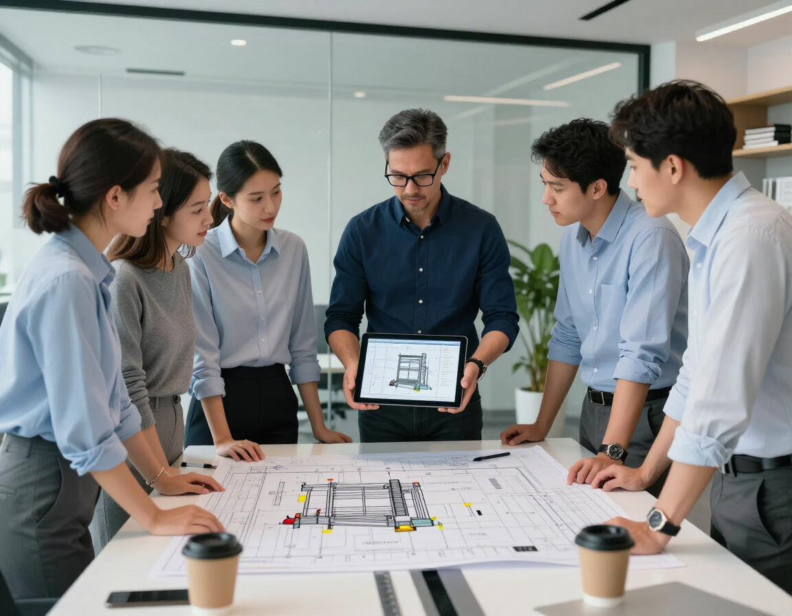 Equipo reunido para analizar planos arquitectónicos, con un hombre presentando una tableta en una luminosa sala de conferencias.