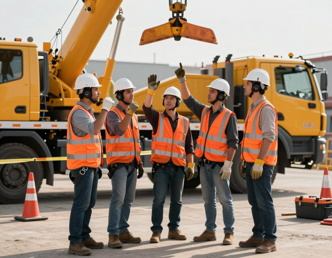 Cinco obreros de la construcción, con chalecos naranjas y cascos, están de pie junto a una grúa amarilla en una obra.