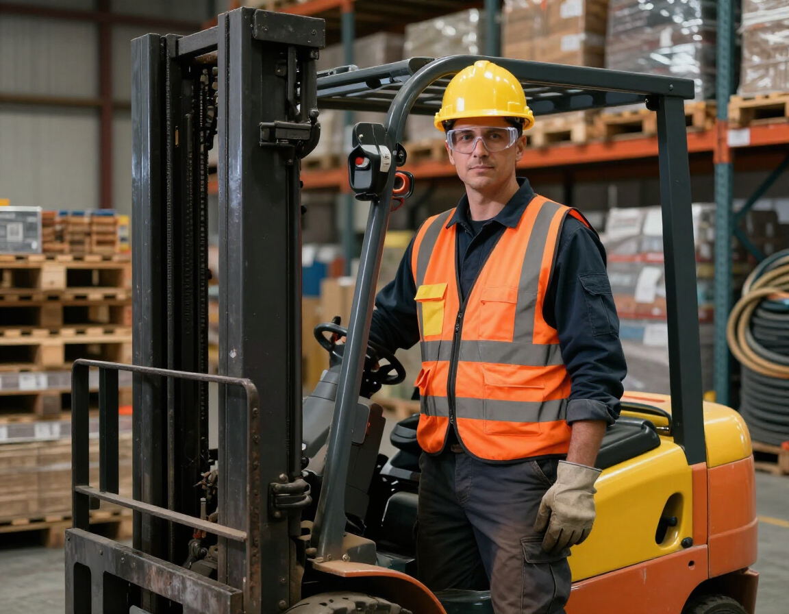 Obrero con chaleco de seguridad naranja y casco, de pie junto a una carretilla elevadora en un almacén industrial.