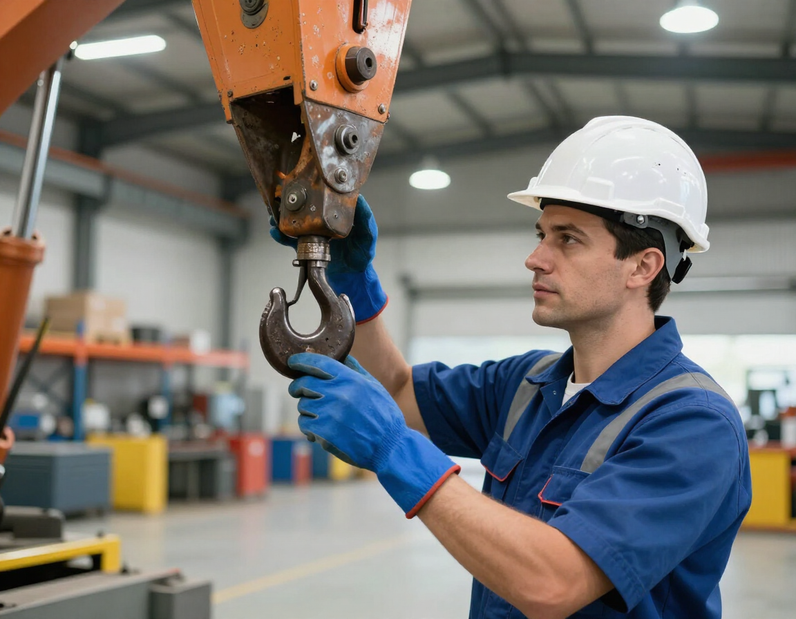 Un trabajador con uniforme azul y casco inspecciona un gancho en una grúa puente naranja en una fábrica.