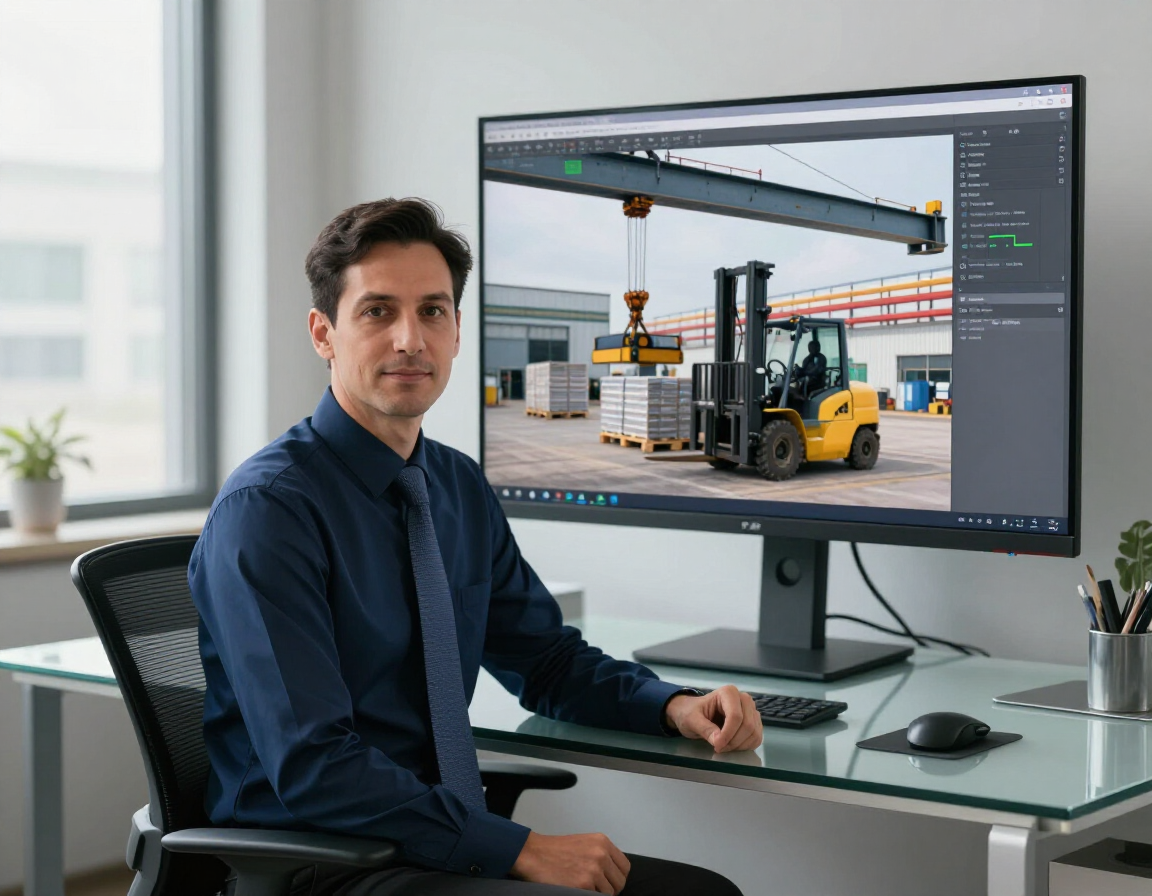 Un hombre sentado en un escritorio junto a un monitor que muestra una carretilla elevadora levantando un palé en un almacén.