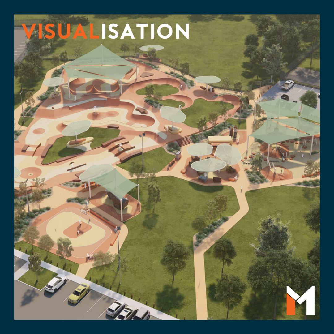 Aerial view of a playground with tan structures and green canopies in a park setting; Visualisation text in corner.