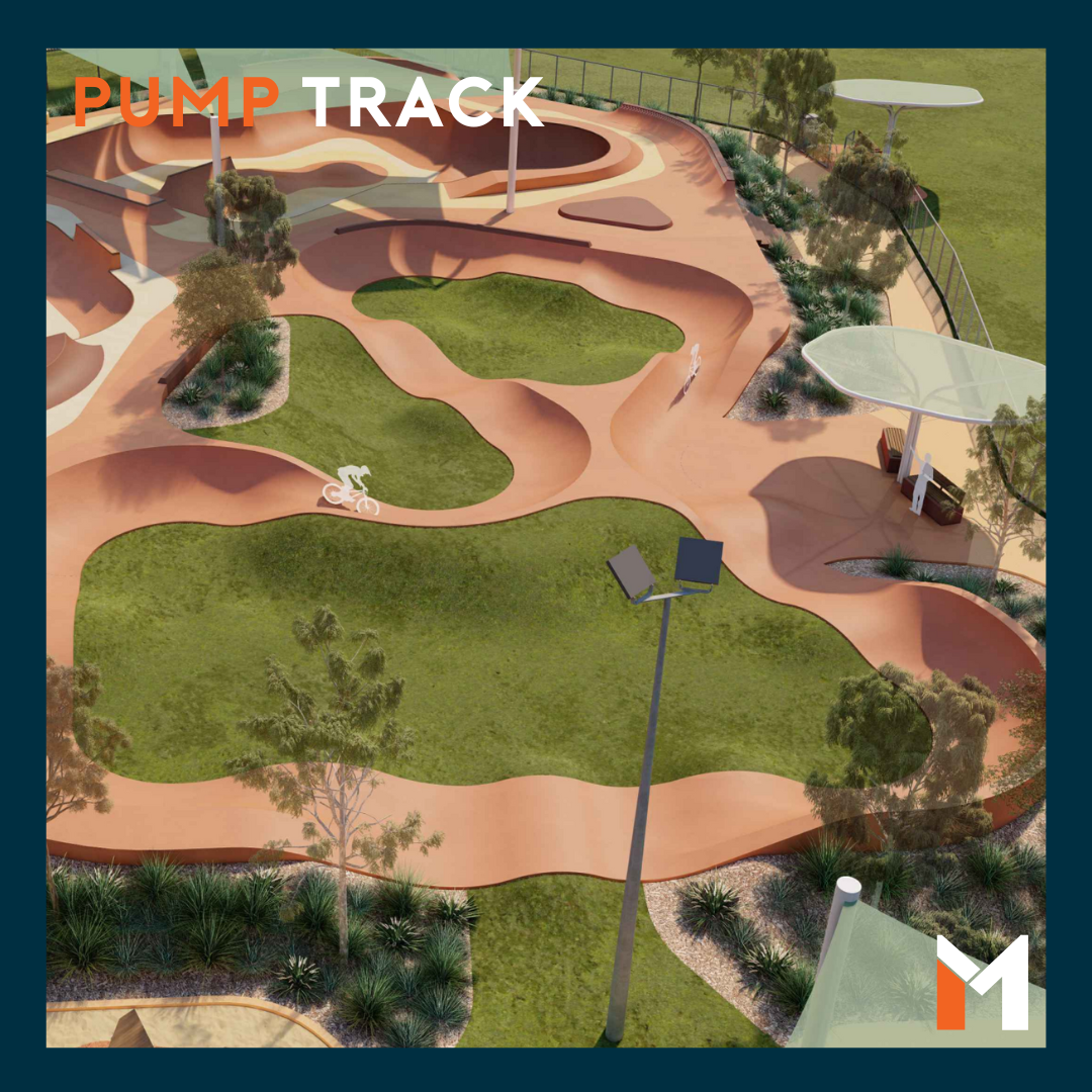 Rendering of a pump track with brown ramps, green grassy areas, and trees.