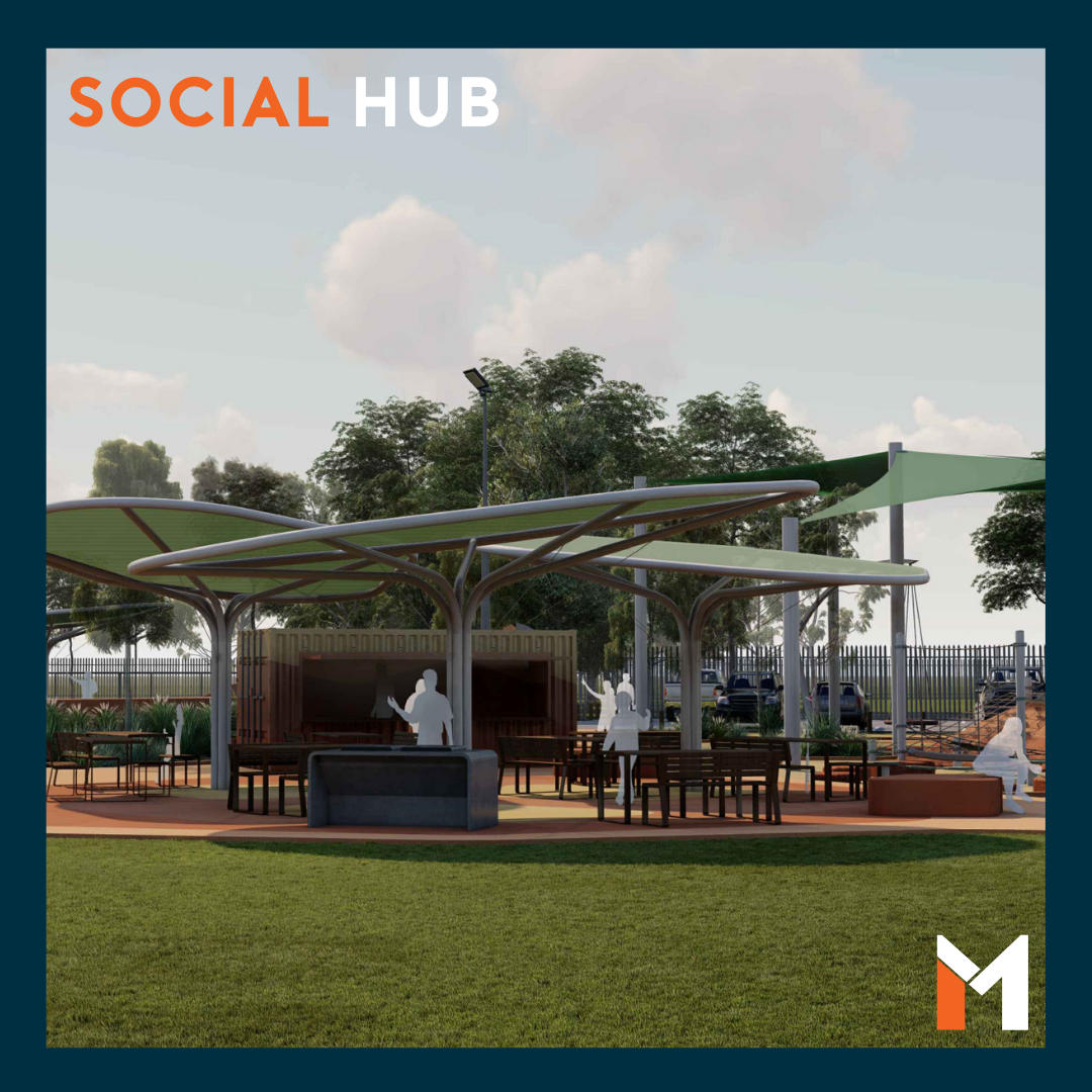 Social Hub: shaded outdoor seating with tables and benches in a park setting.