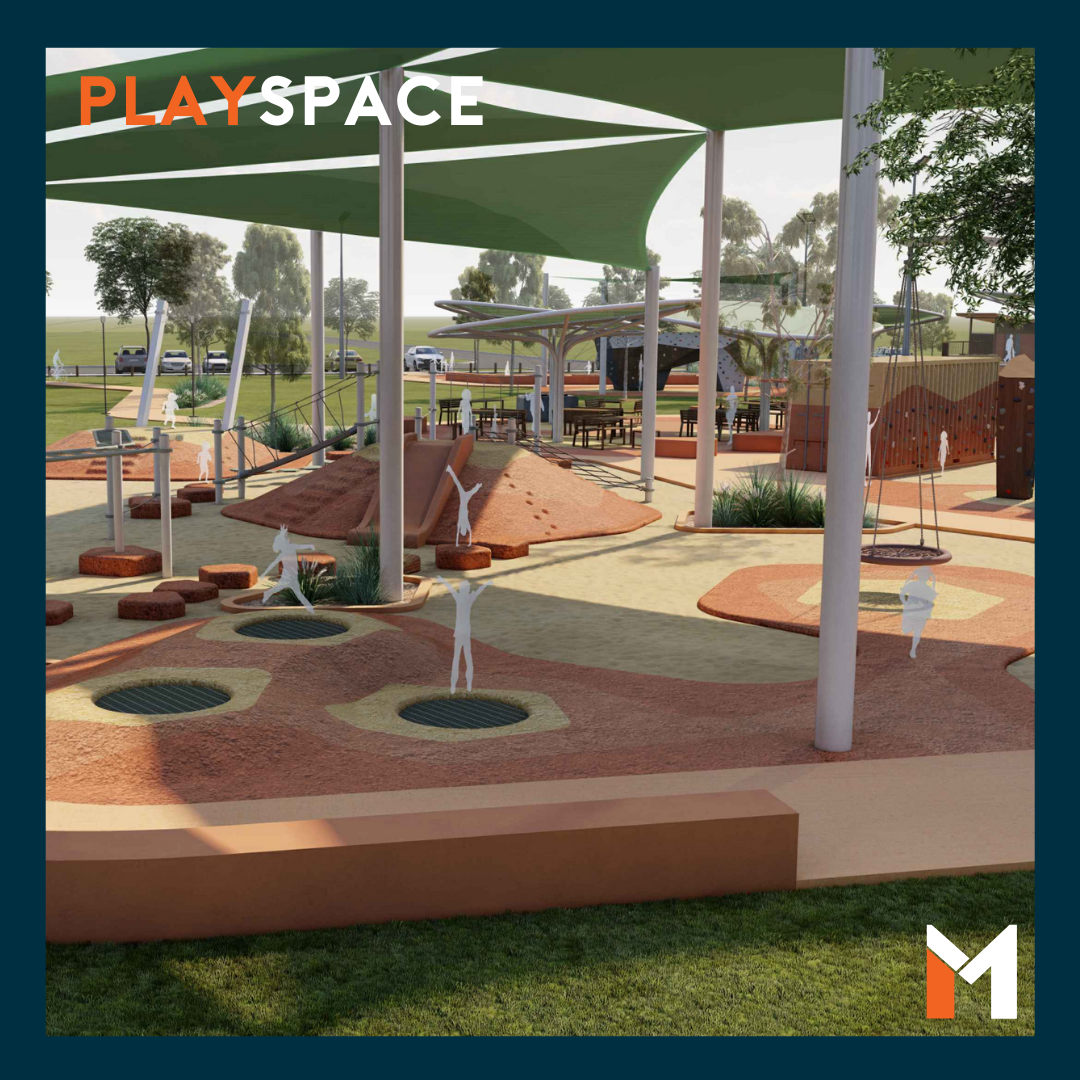 Playground with shade sails, pathways, play structures, and stylized figures on a sunny day.