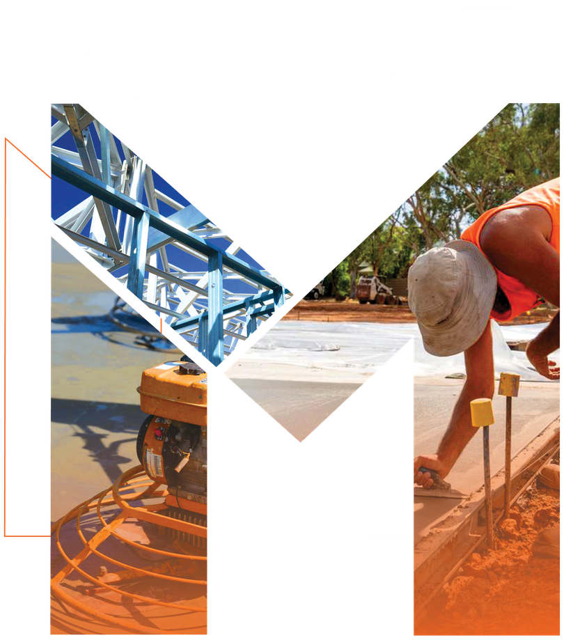 A collage shaped like an 'M' showing steel construction, a concrete power trowel, and a worker leveling a foundation.