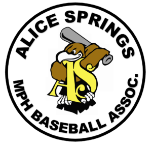 Logo for Alice Springs MPH Baseball Association: an eagle holding a baseball bat behind a yellow 