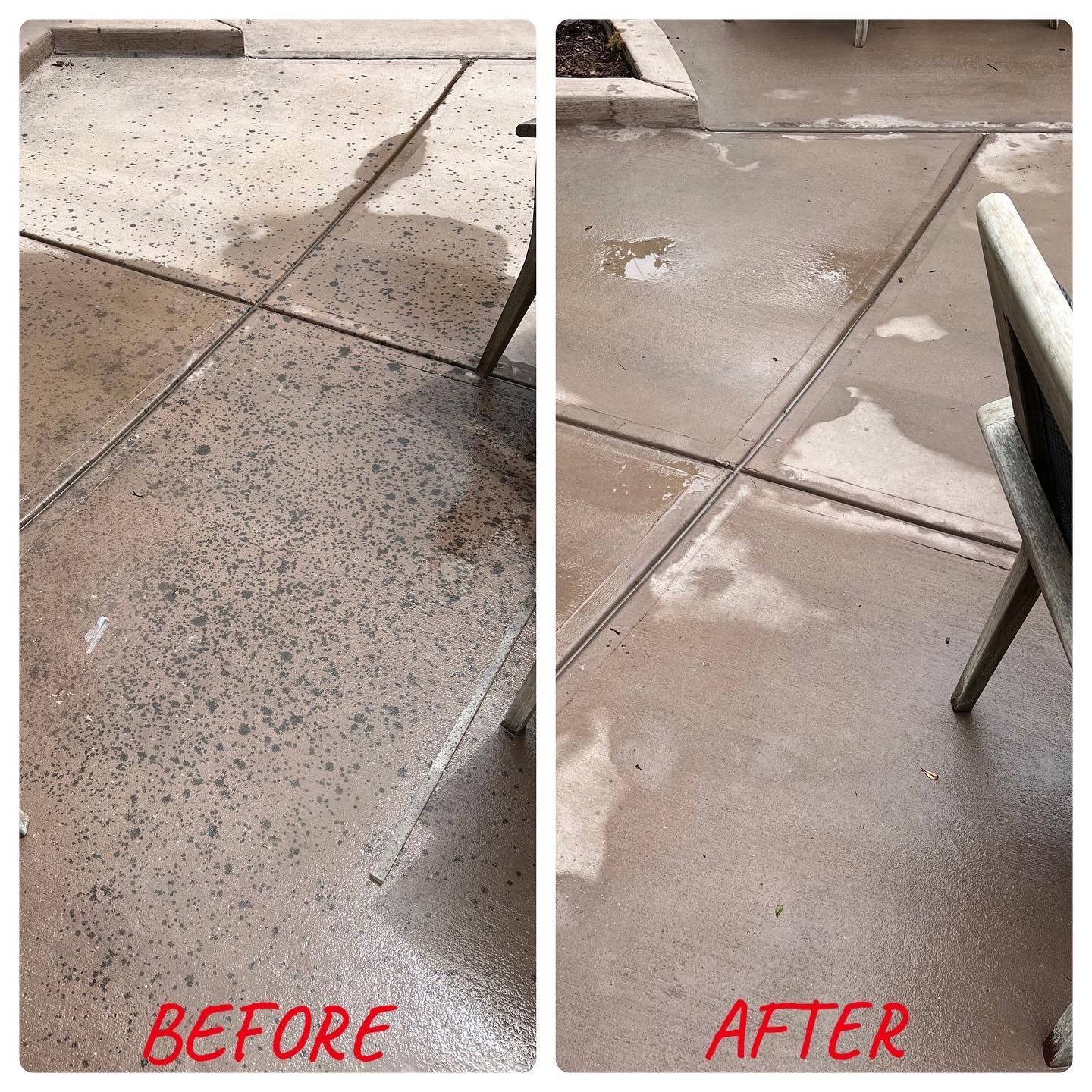 A before and after photo of a patio with a chair.