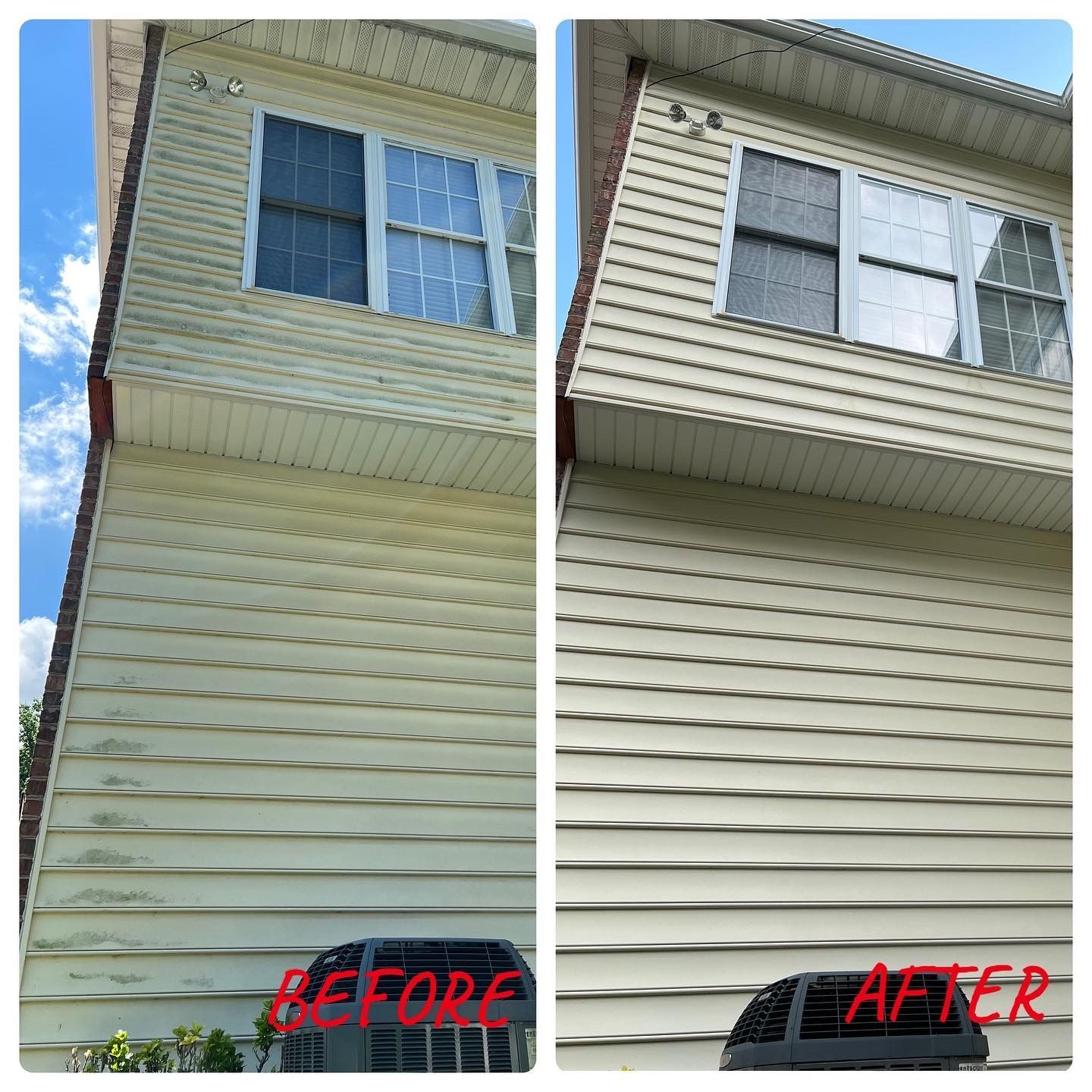 A before and after photo of a house 's siding being cleaned.