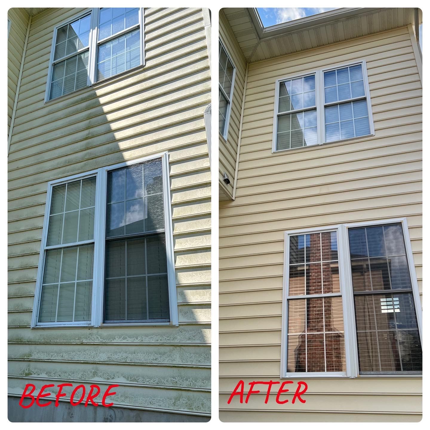 A before and after picture of a house with siding and windows.