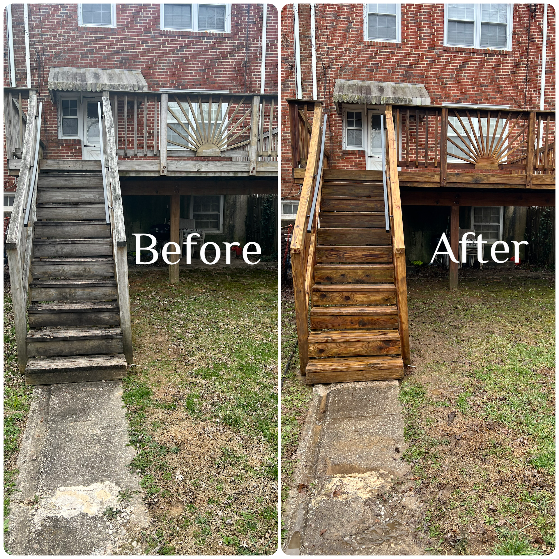 A before and after photo of a wooden deck and stairs.