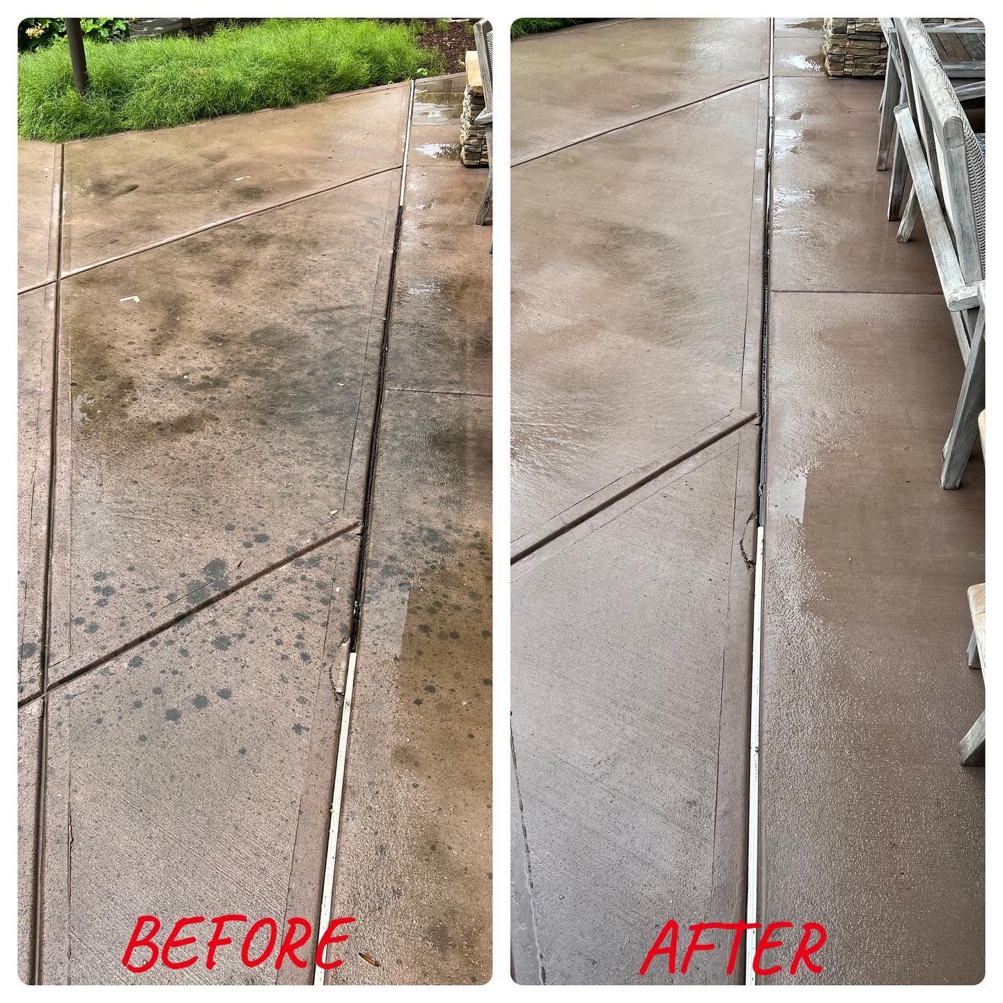 A before and after picture of a concrete walkway.