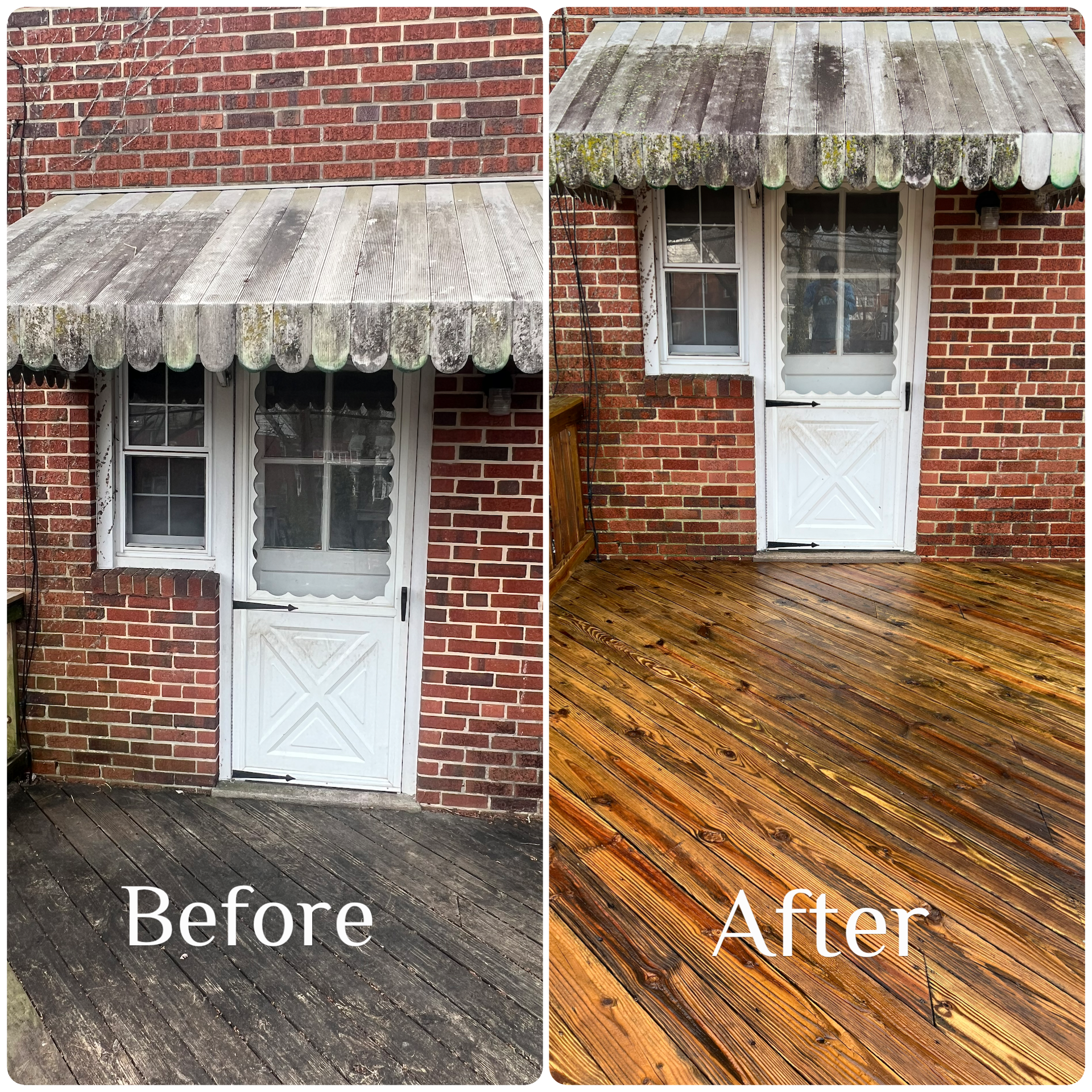 A before and after photo of a brick building and a wooden deck.