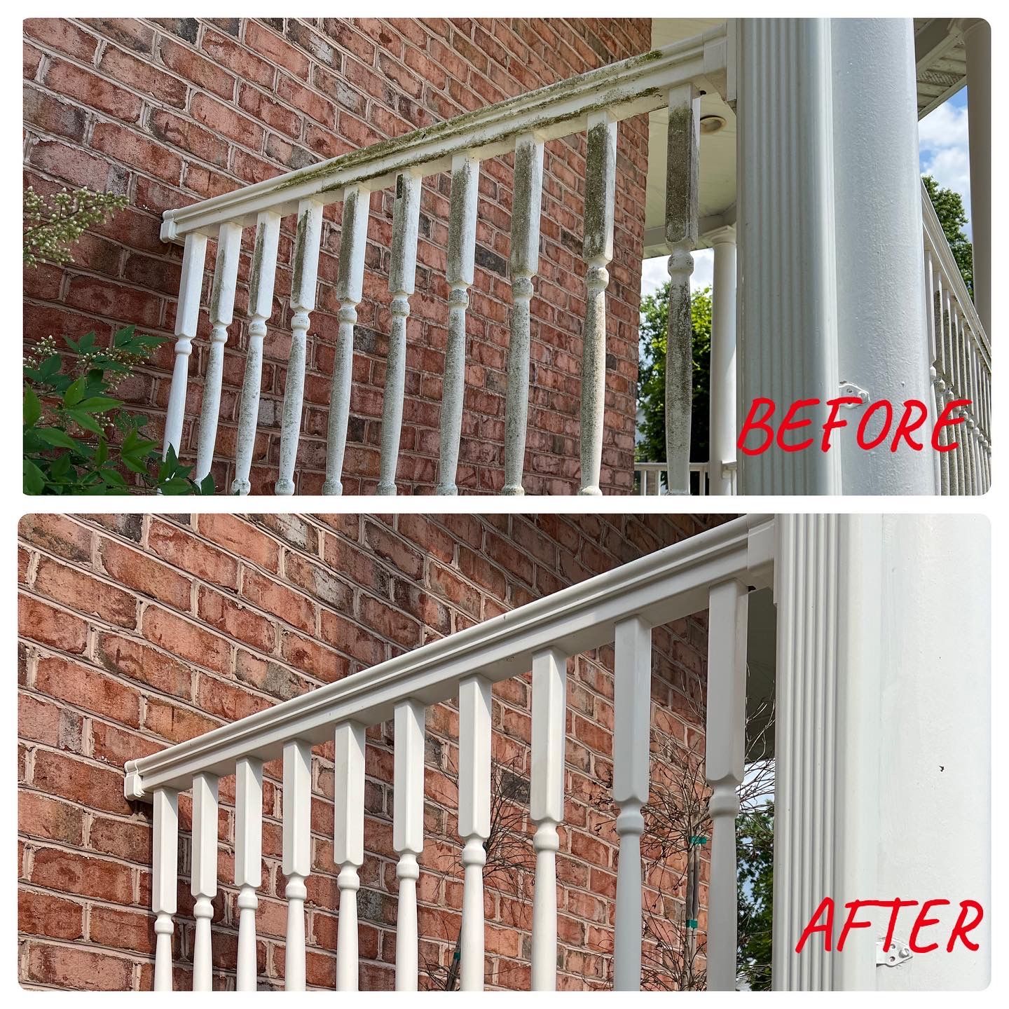 A before and after photo of a white railing on a brick wall.
