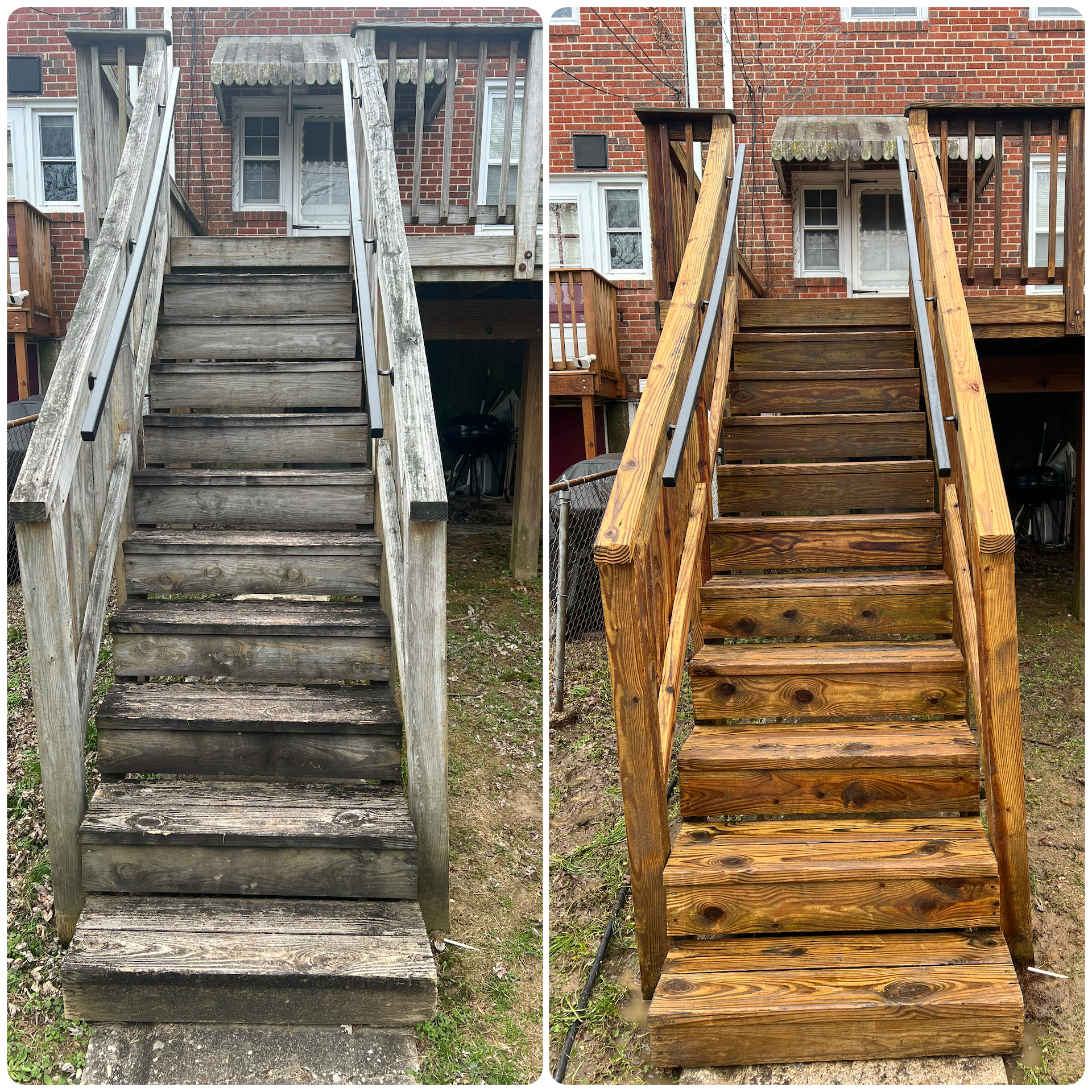 A before and after photo of a wooden deck staircase.