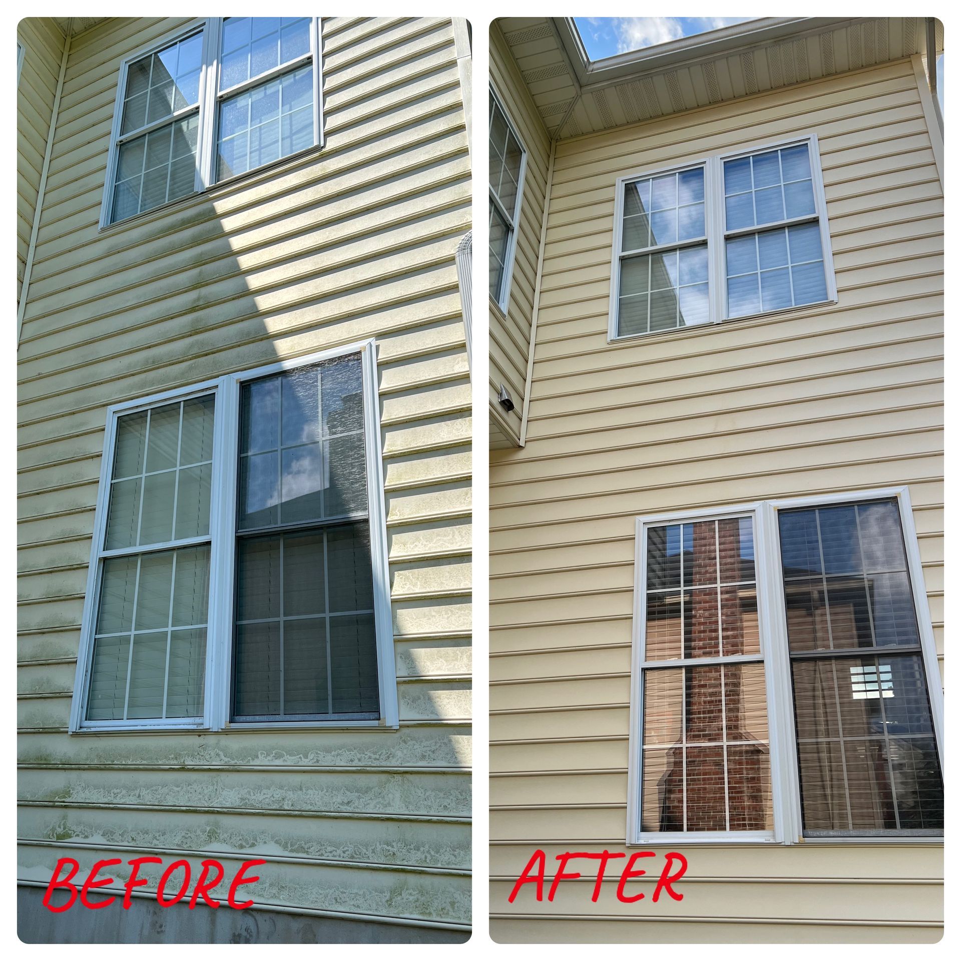 A before and after picture of a house with siding and windows