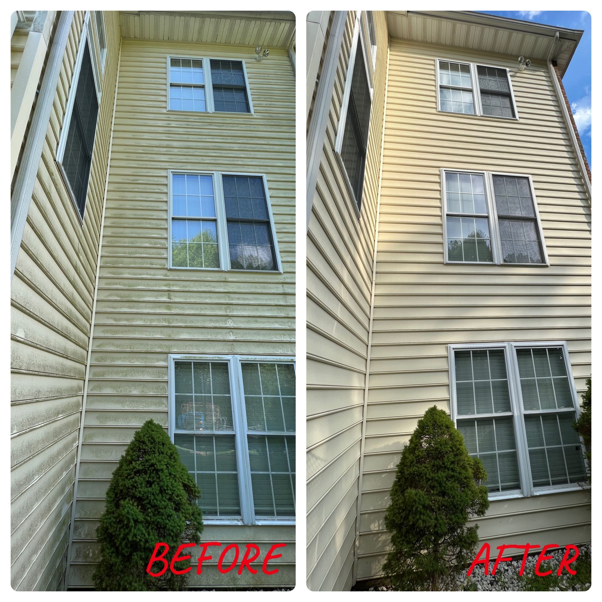 A before and after picture of a house with a lot of windows.