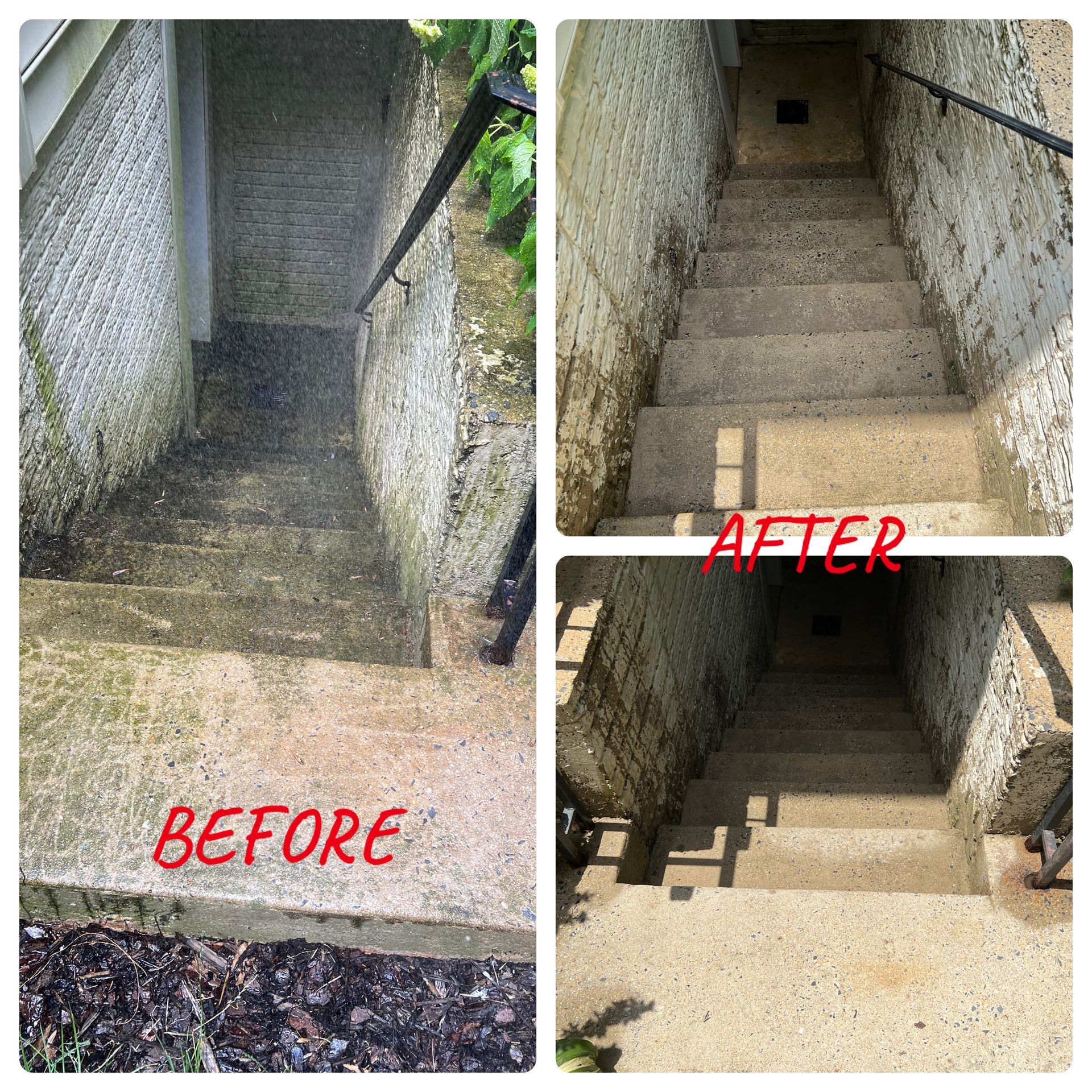 A before and after photo of a set of stairs