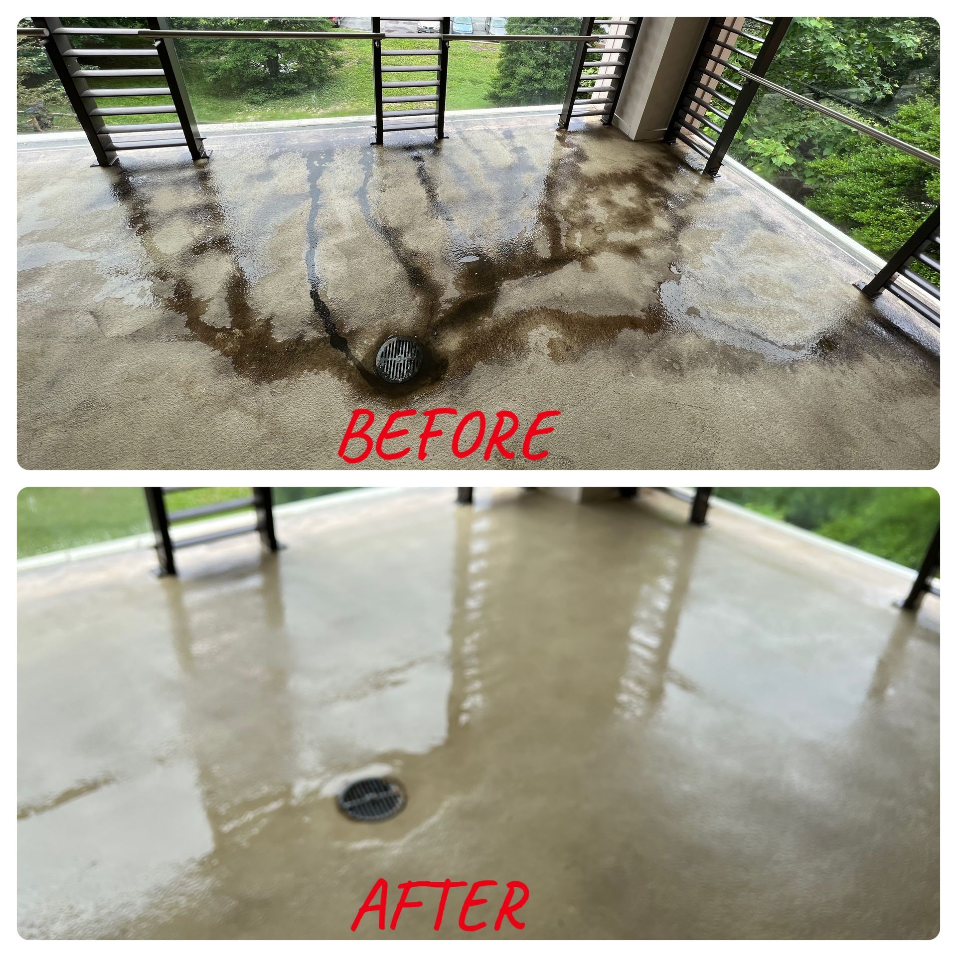 A before and after picture of a balcony with a drain.