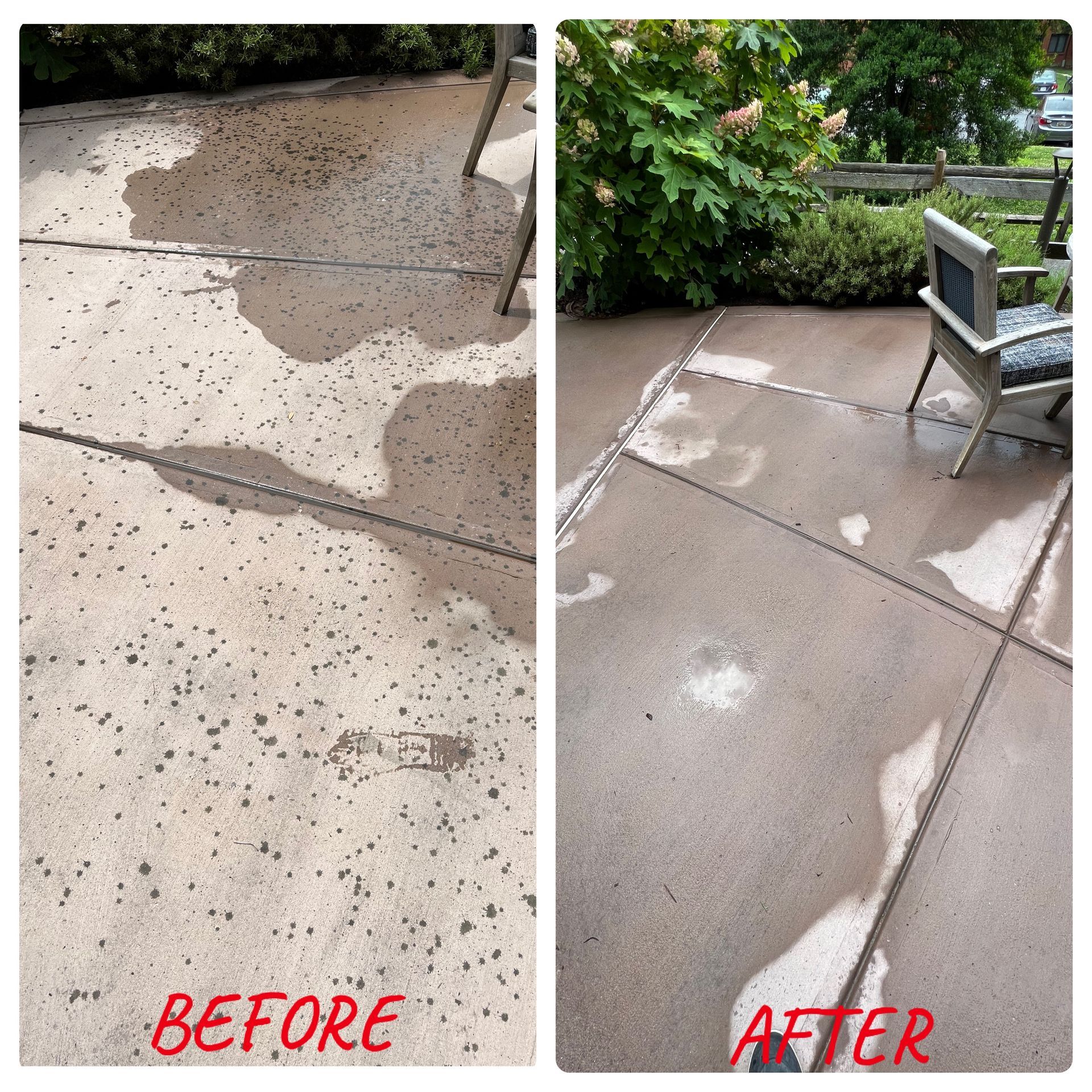A before and after picture of a patio with chairs