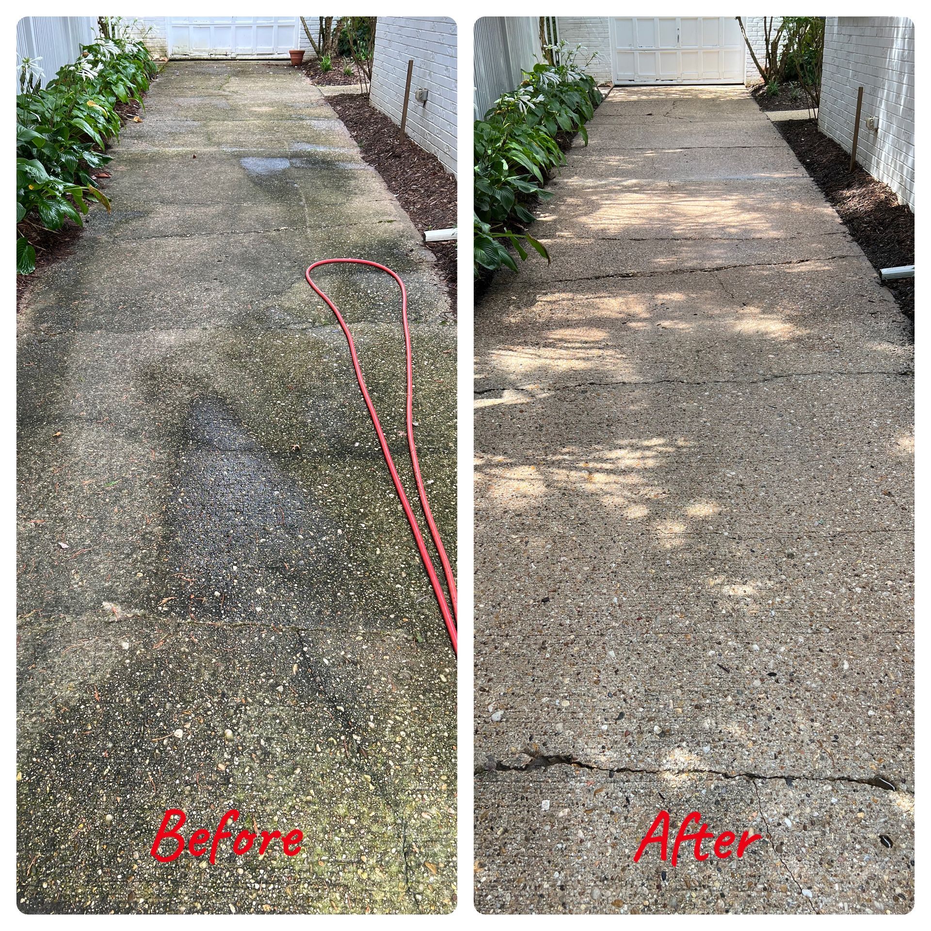 A before and after photo of a concrete walkway.