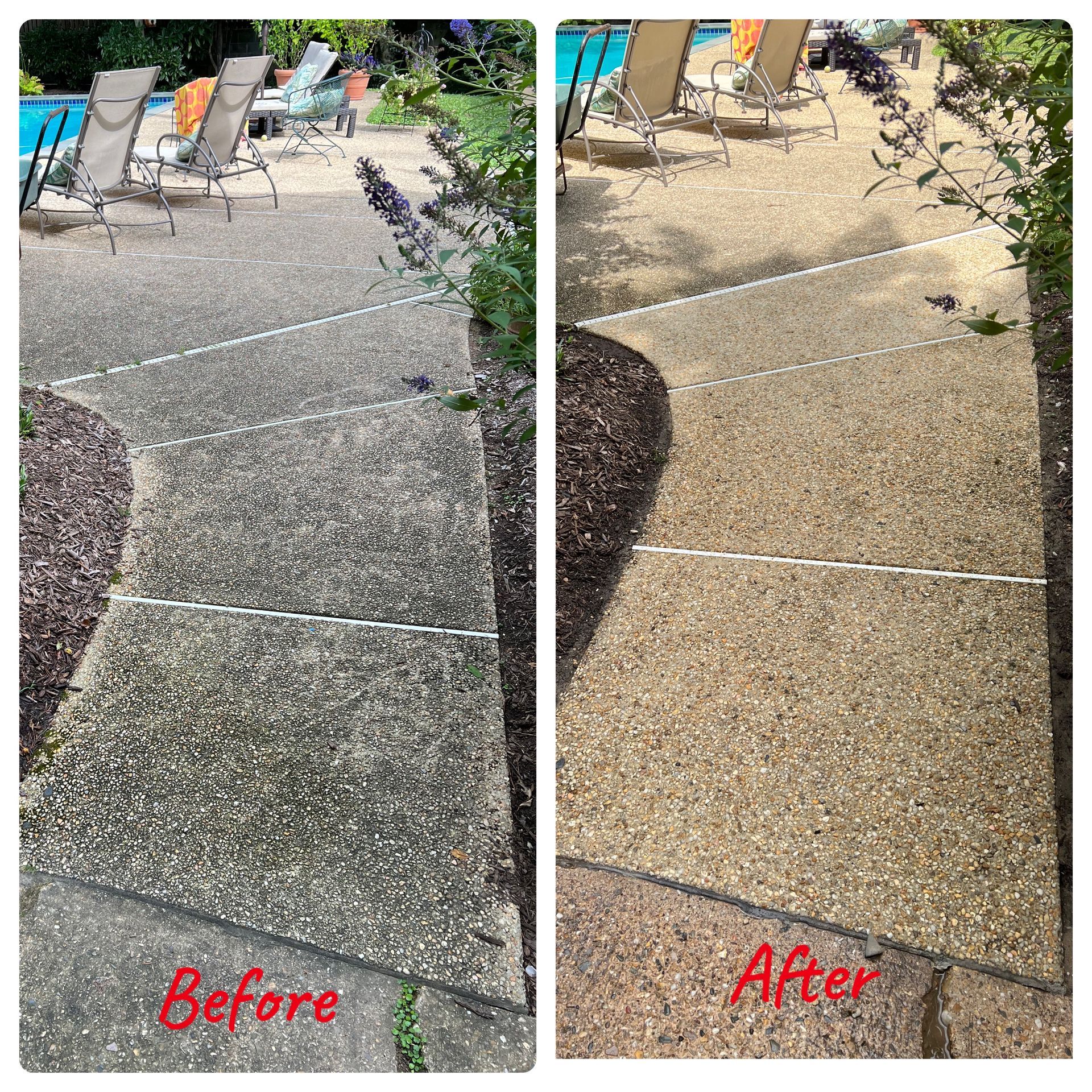 A before and after picture of a patio with chairs and a pool.