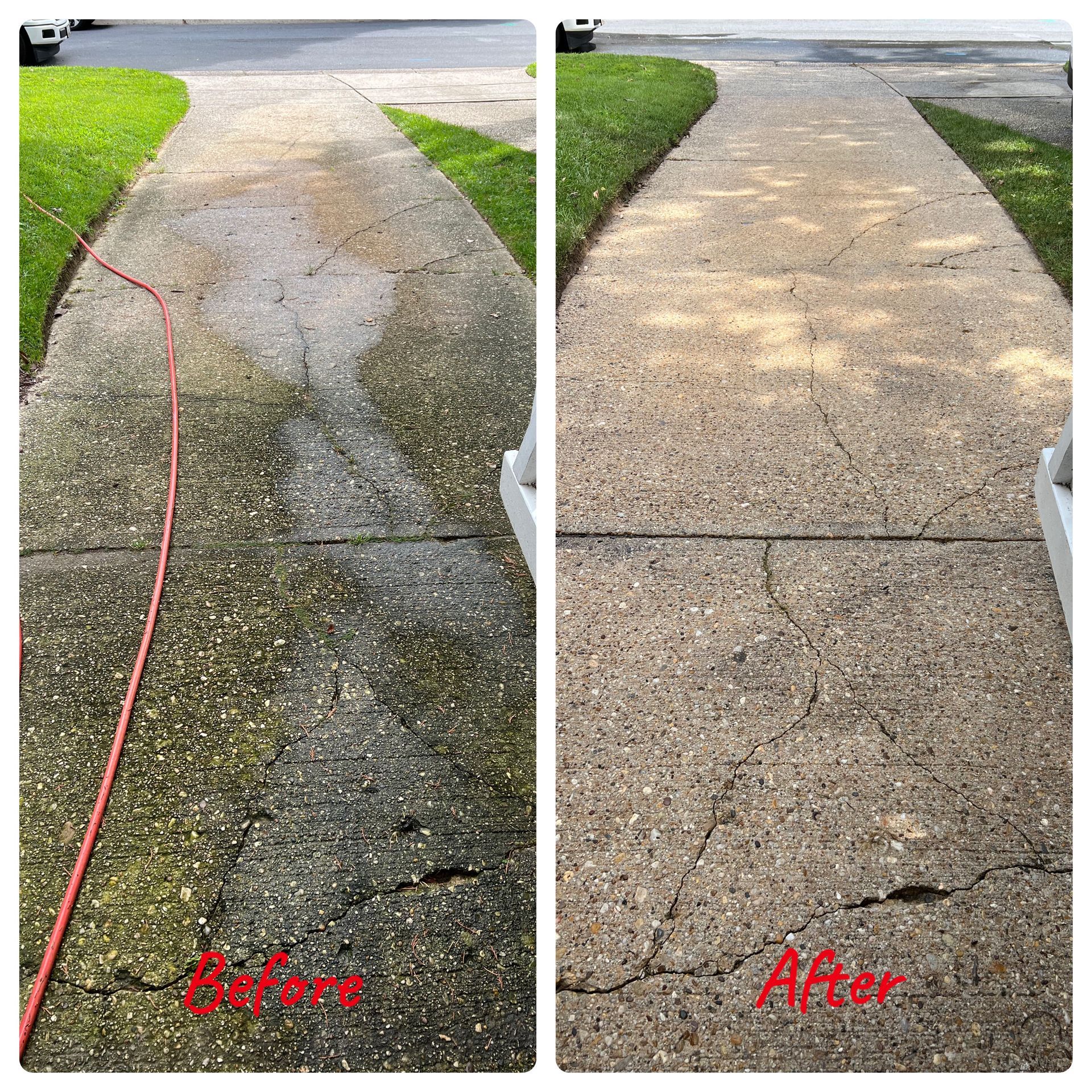 A before and after photo of a sidewalk being cleaned with a pressure washer.