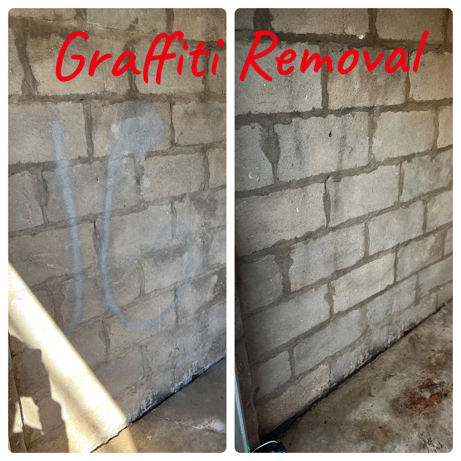 A before and after photo of graffiti removal on a brick wall