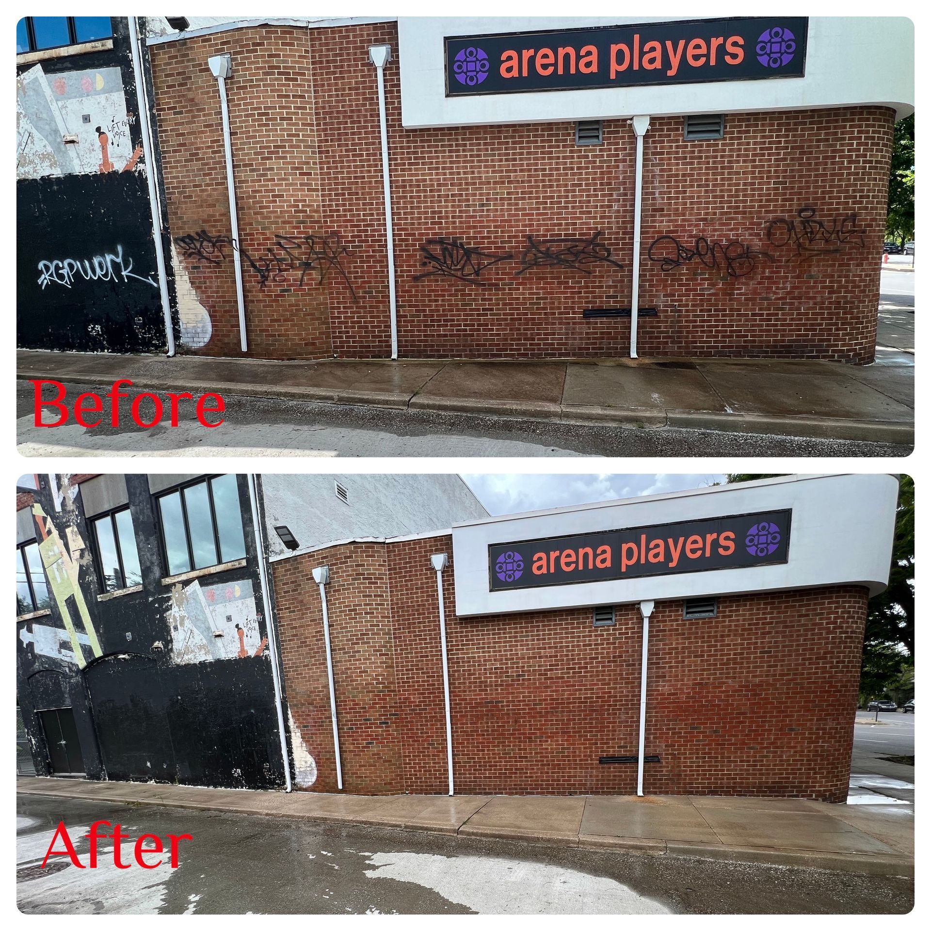 A before and after picture of an arena players building