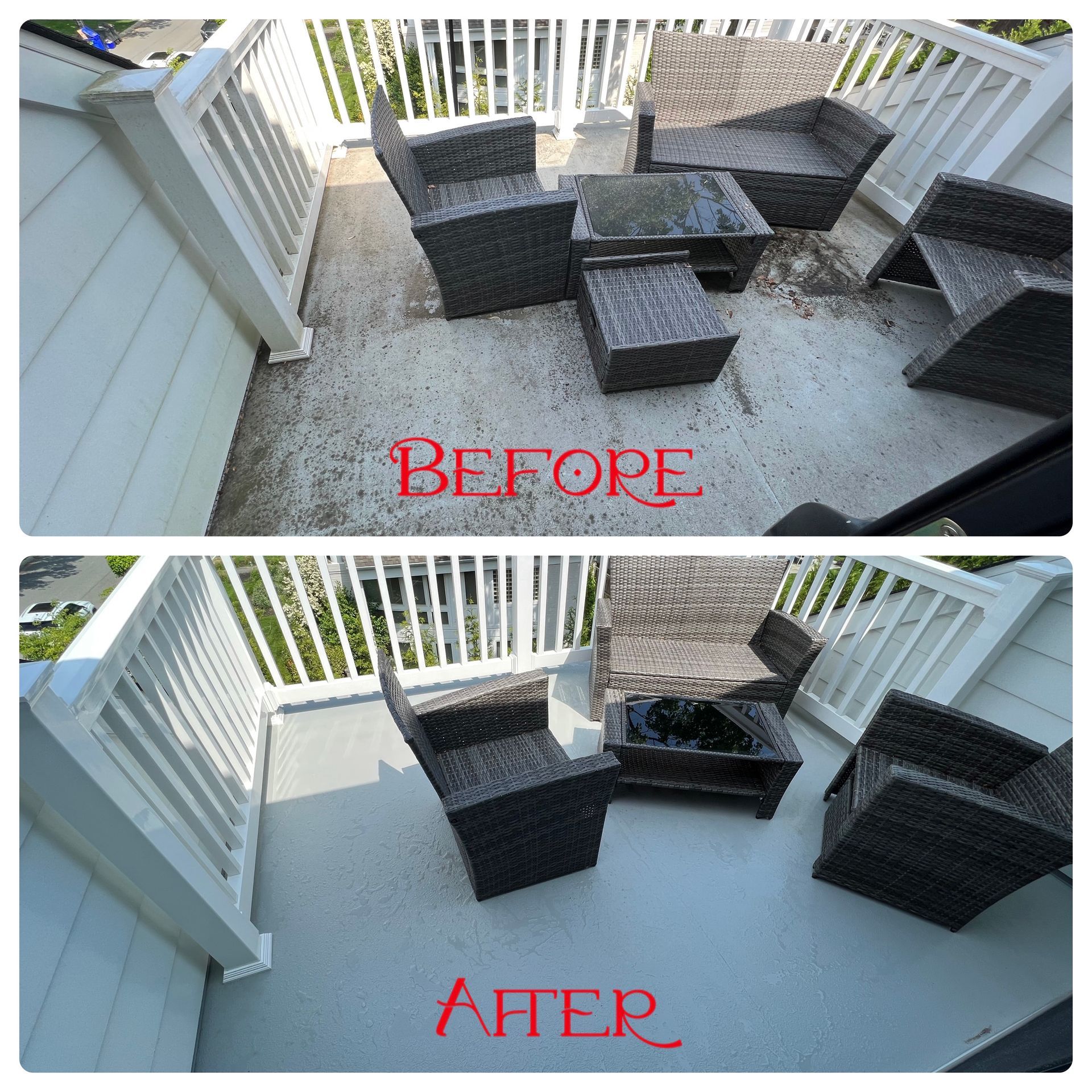 A before and after photo of a balcony with wicker furniture