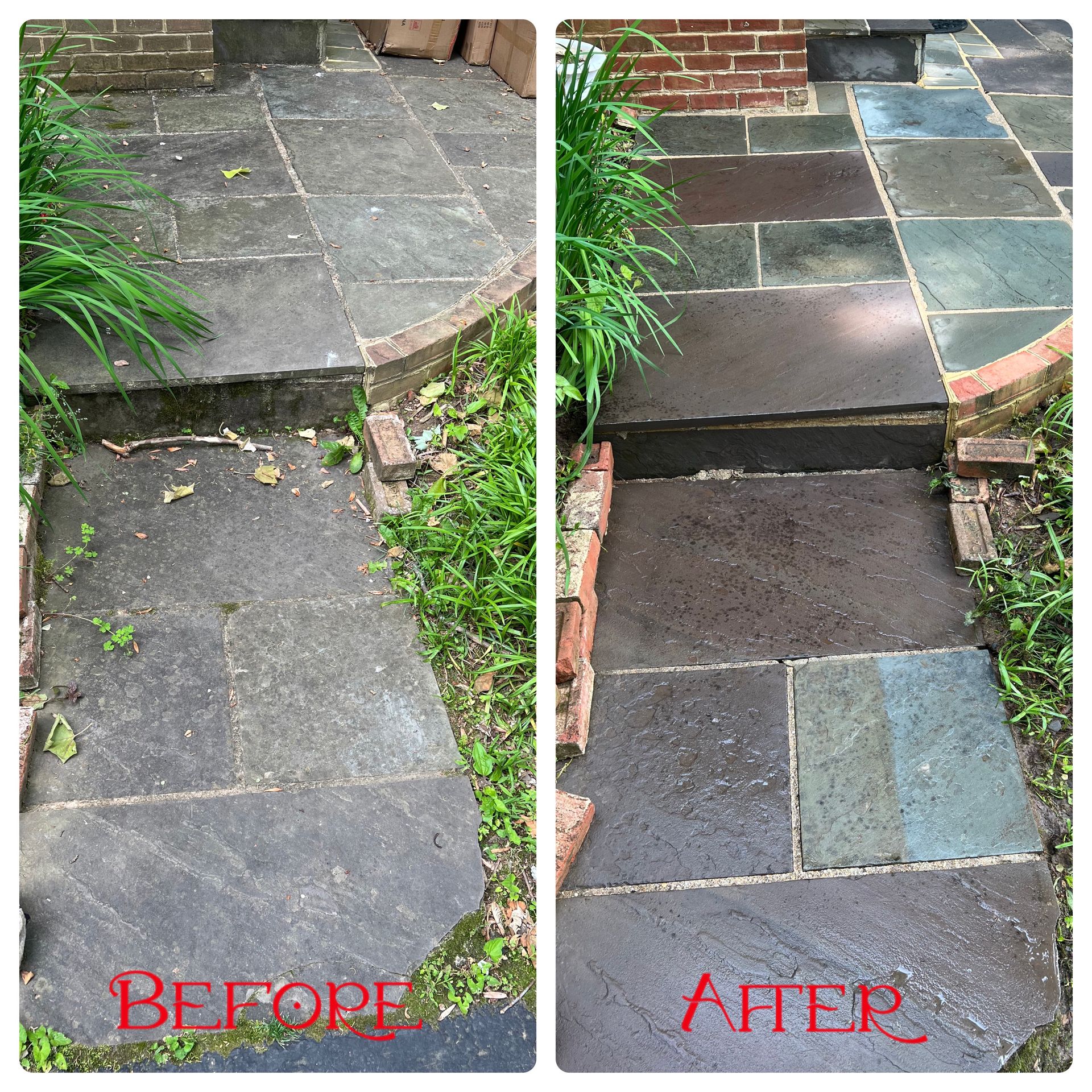 A before and after photo of a stone walkway.