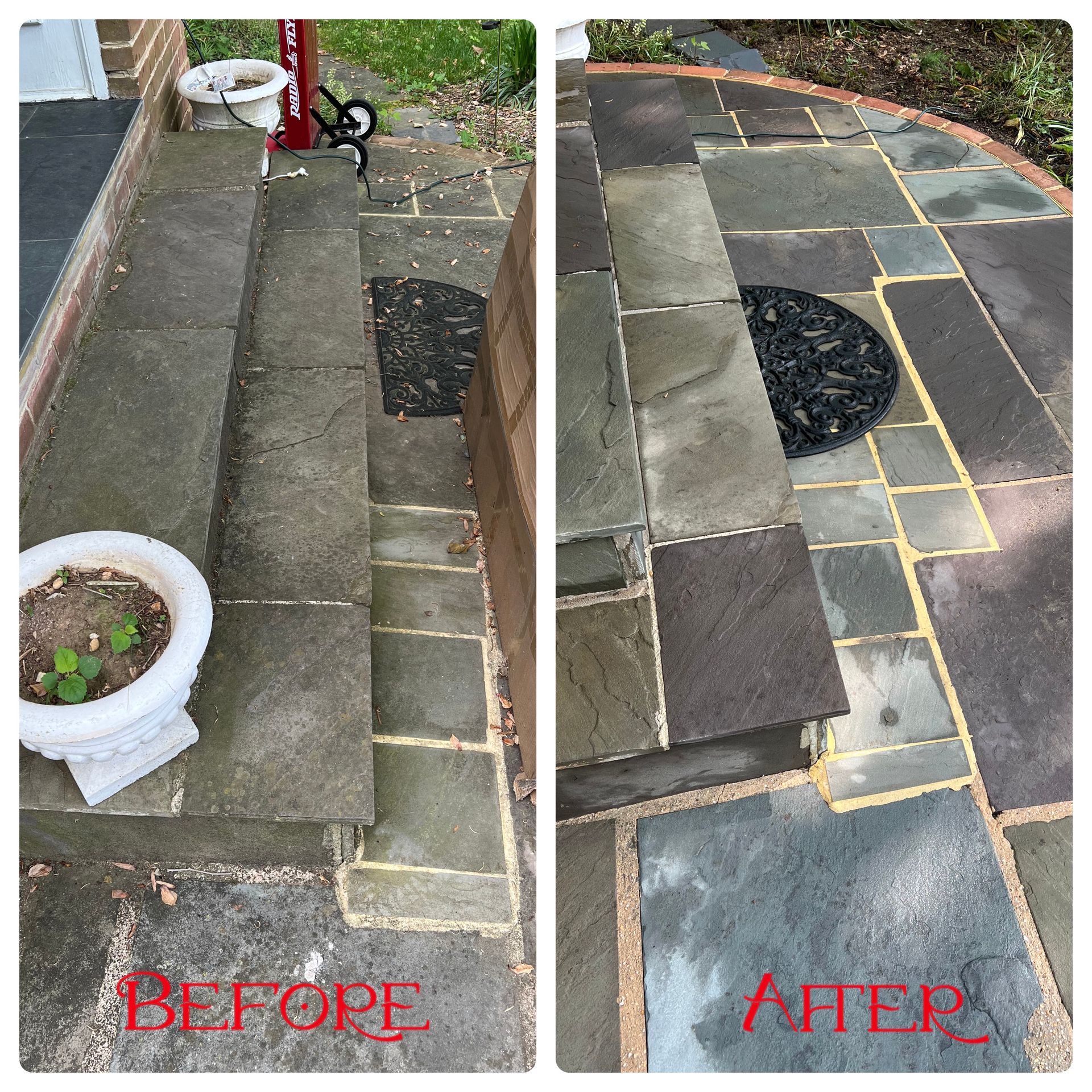 A before and after photo of a stone walkway