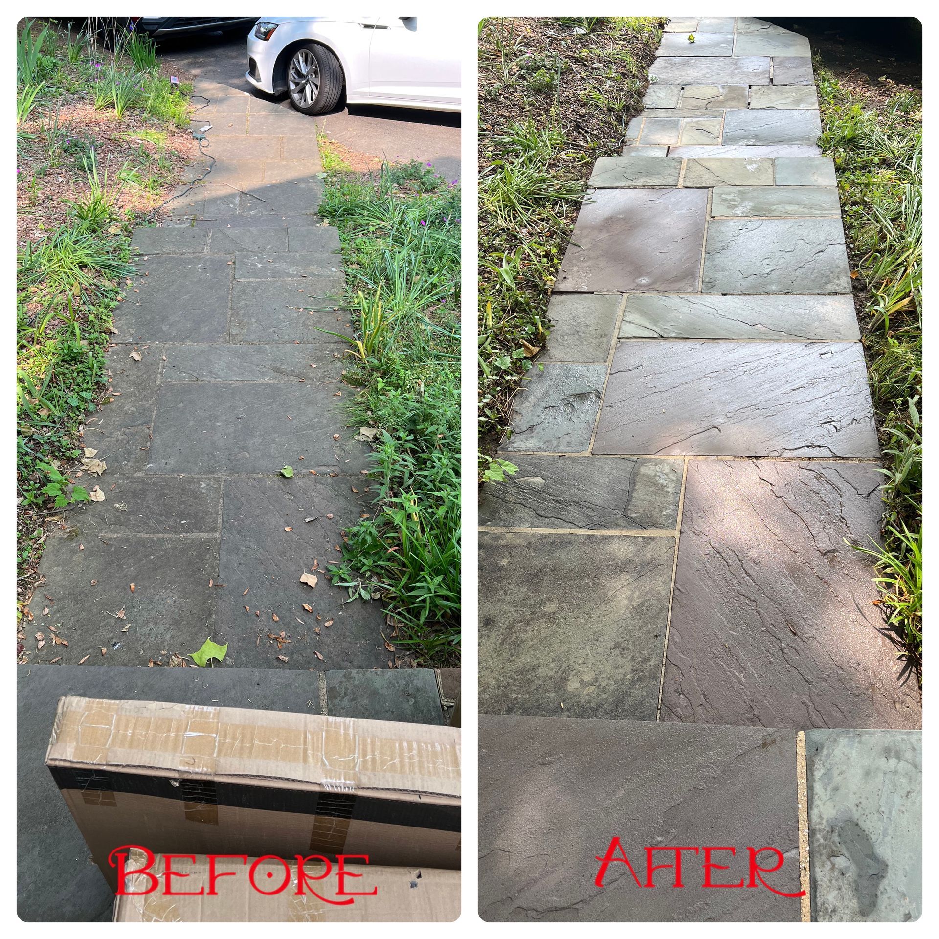A before and after photo of a stone walkway