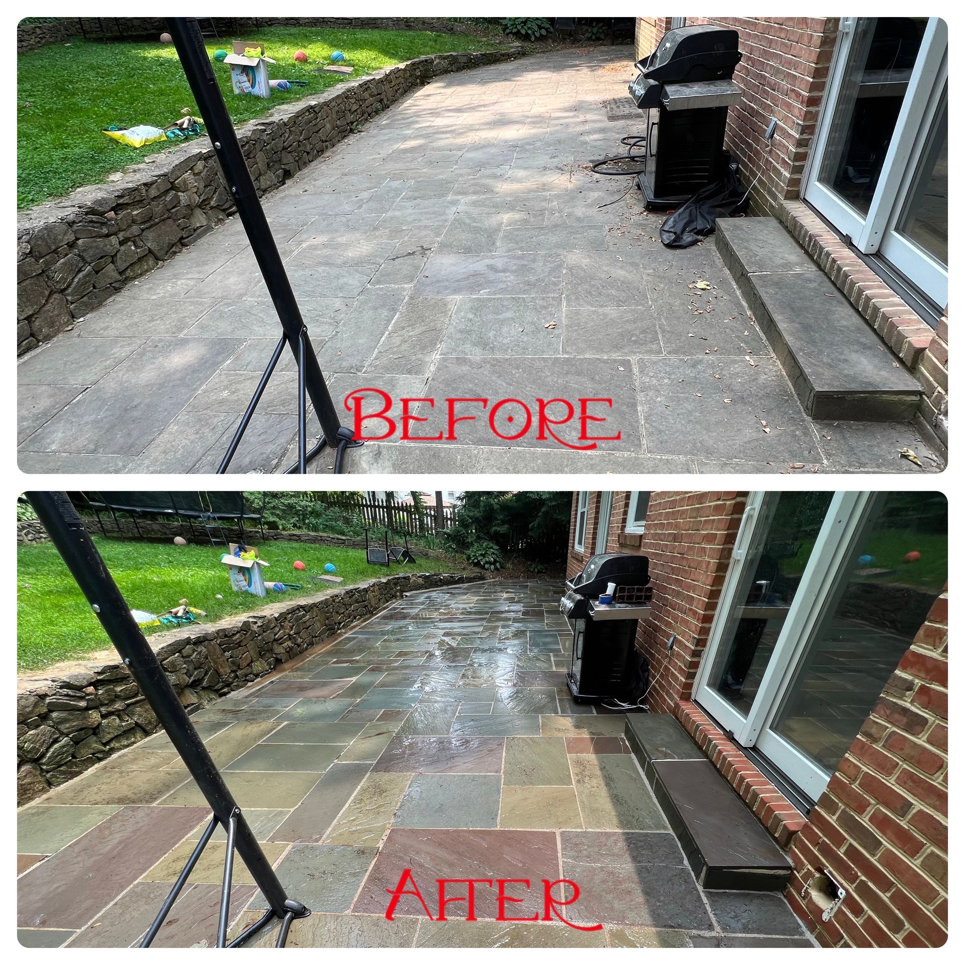 A picture of a patio before and after being cleaned