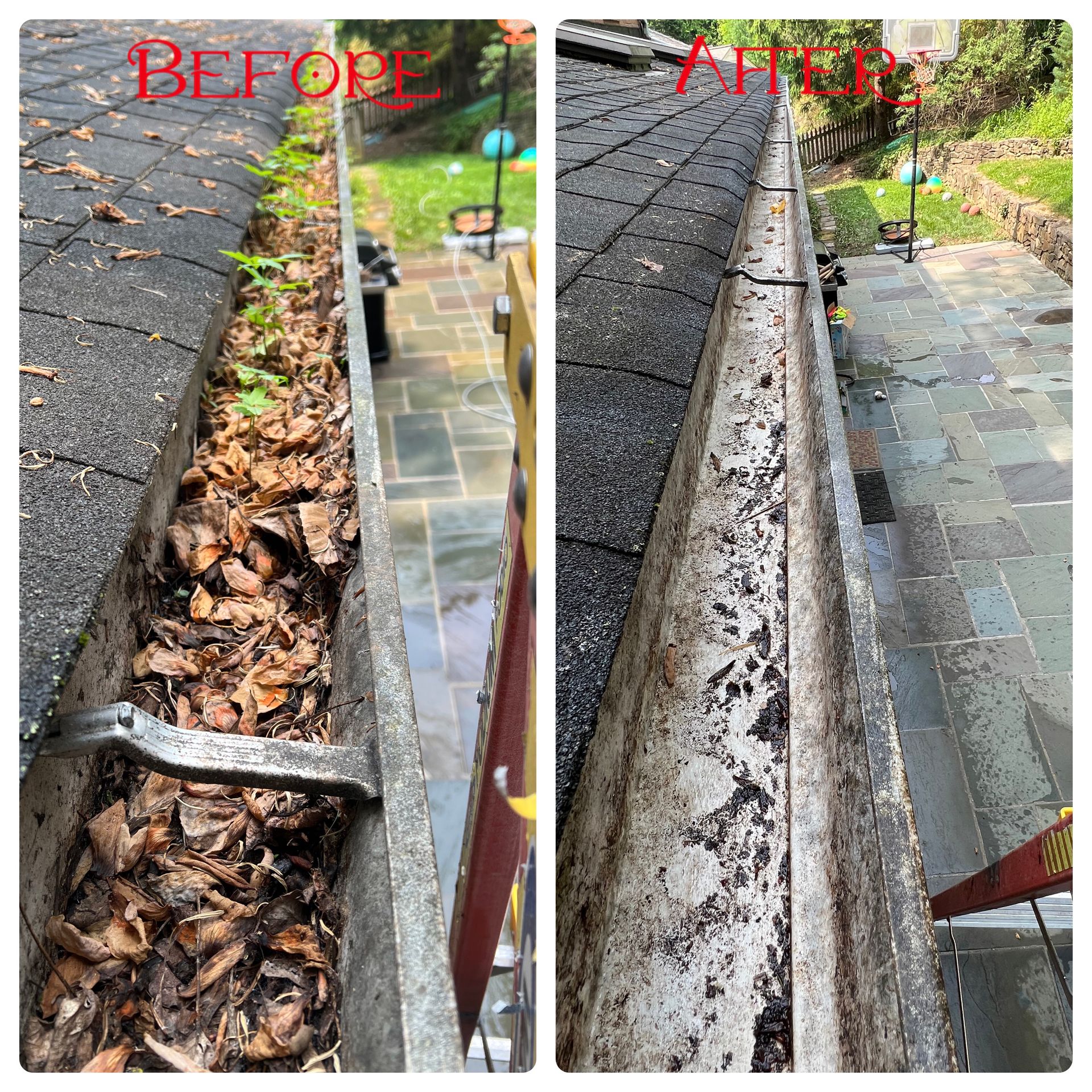 A before and after photo of a patio with a chair.