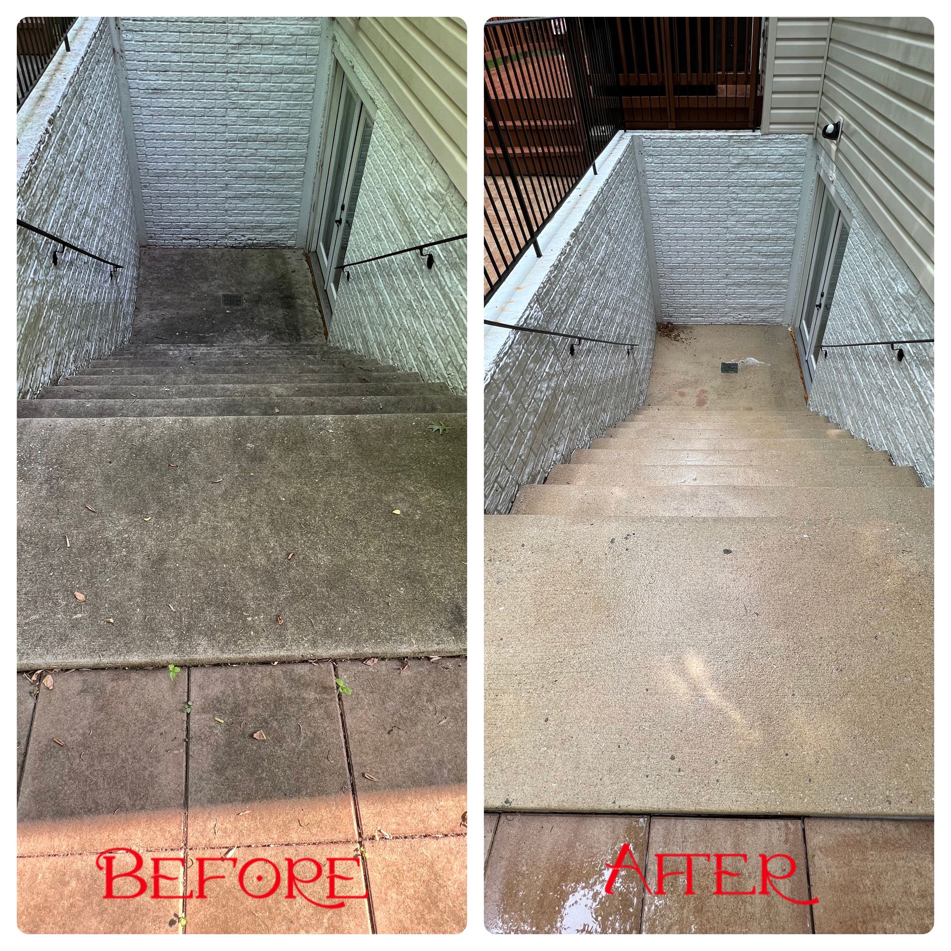 A before and after photo of a concrete staircase.