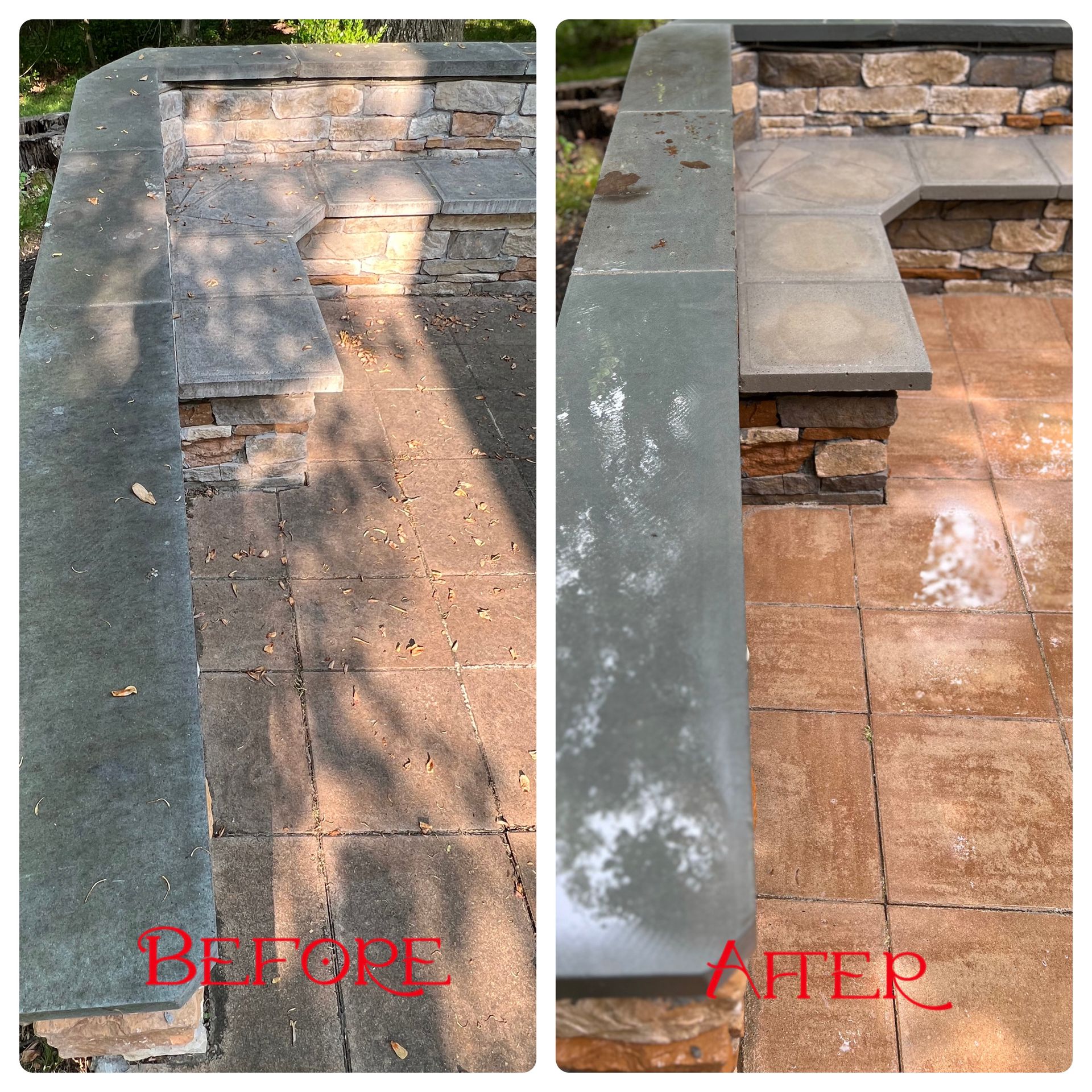 A before and after photo of a stone bench