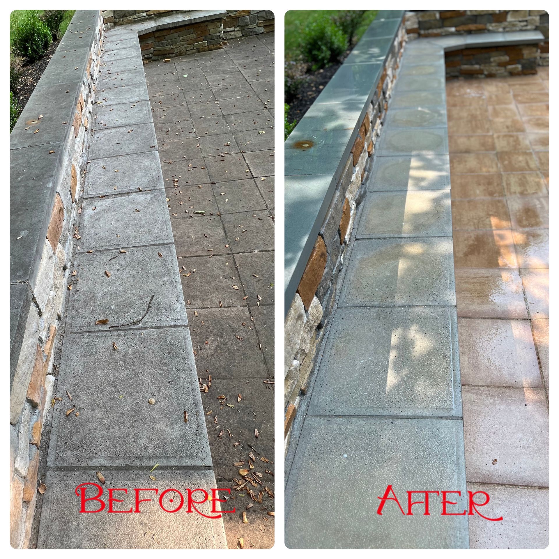 A before and after photo of a stone wall