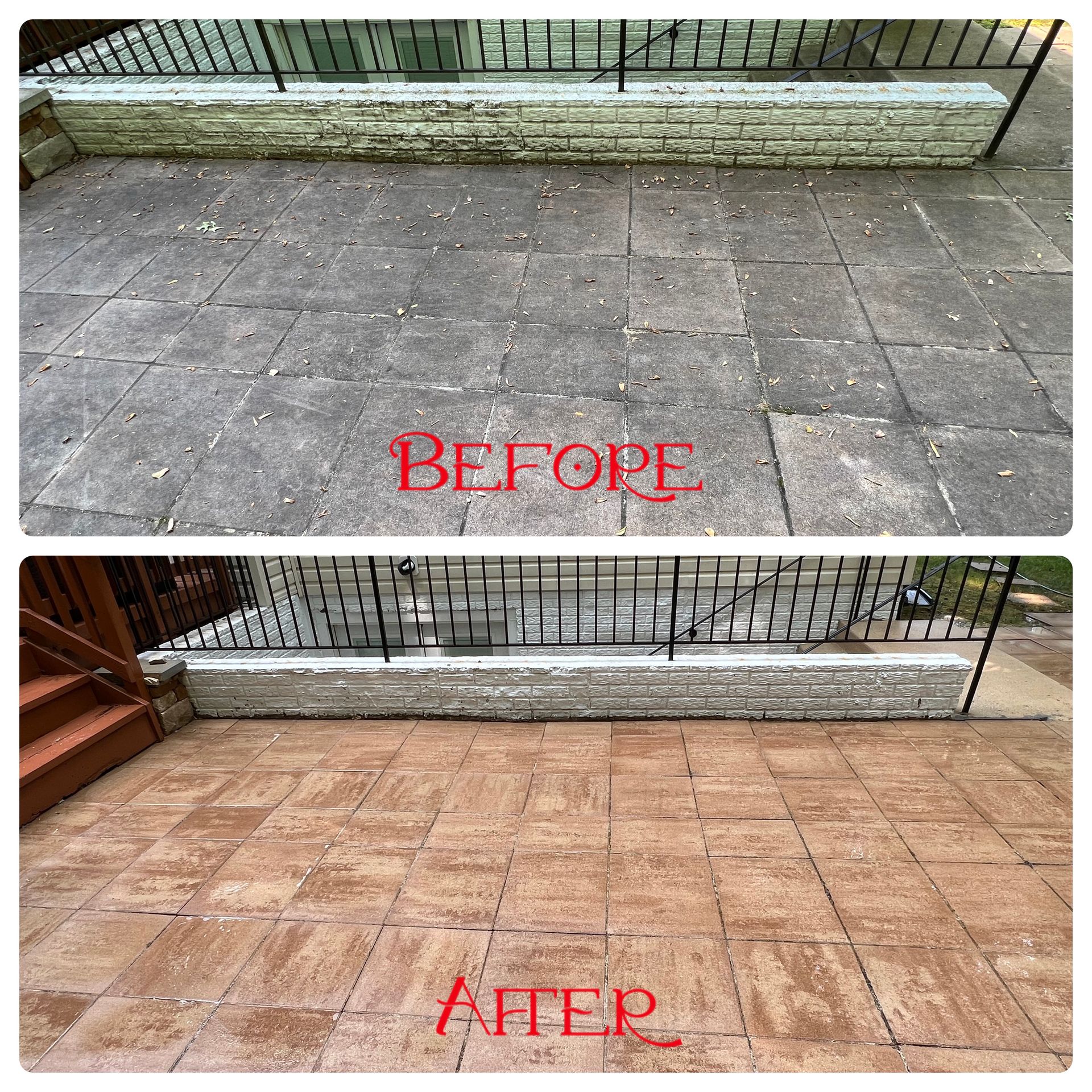 A before and after photo of a brick patio.