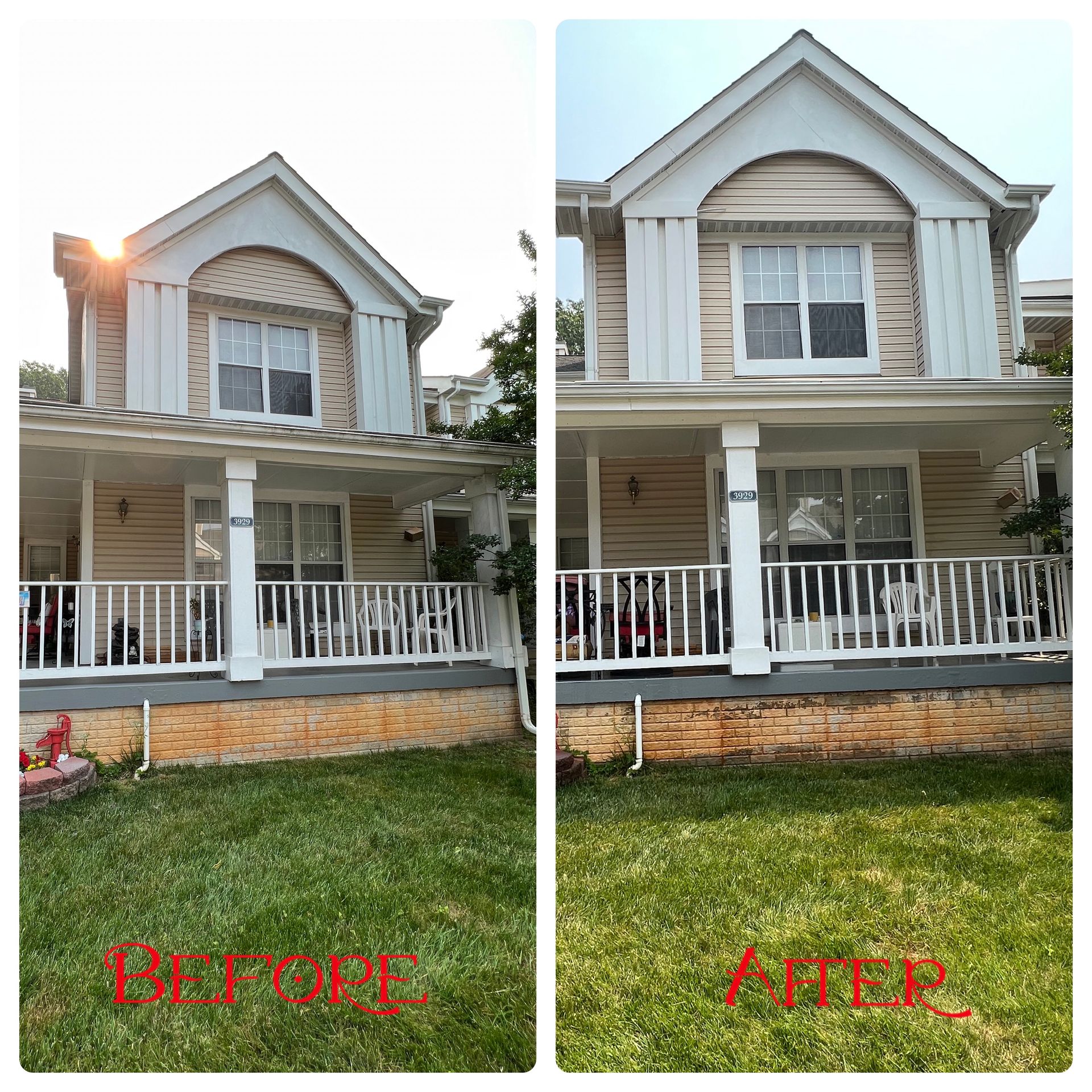 A before and after picture of a house with a porch.