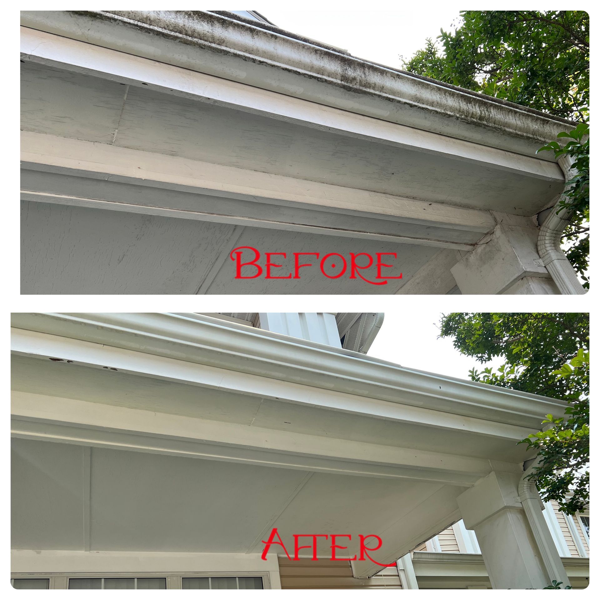 A before and after picture of a gutter on a house.